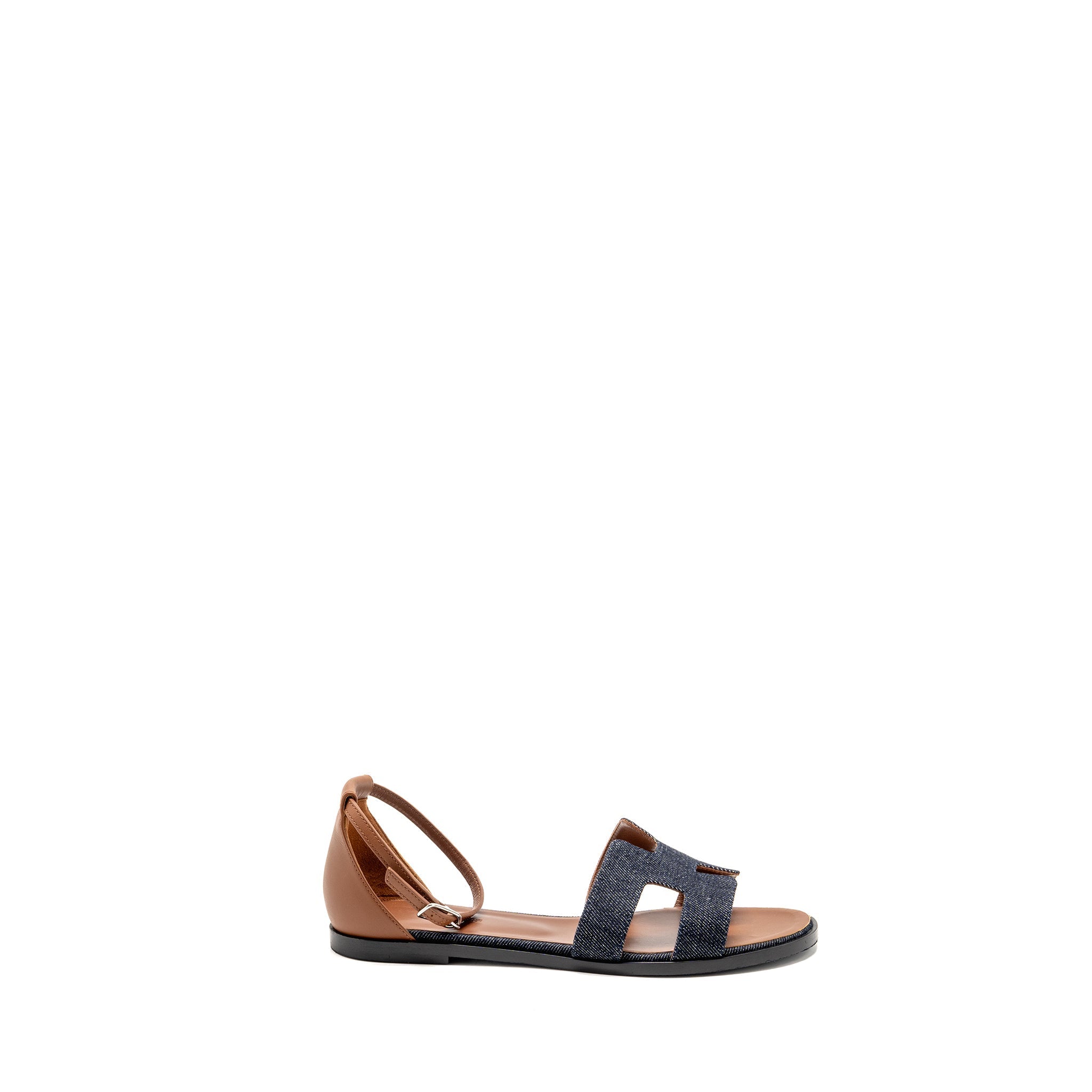 HERMES SANTORINI SANDALS DENIM/LEATHER BLEU BRUT / GOLD SHW