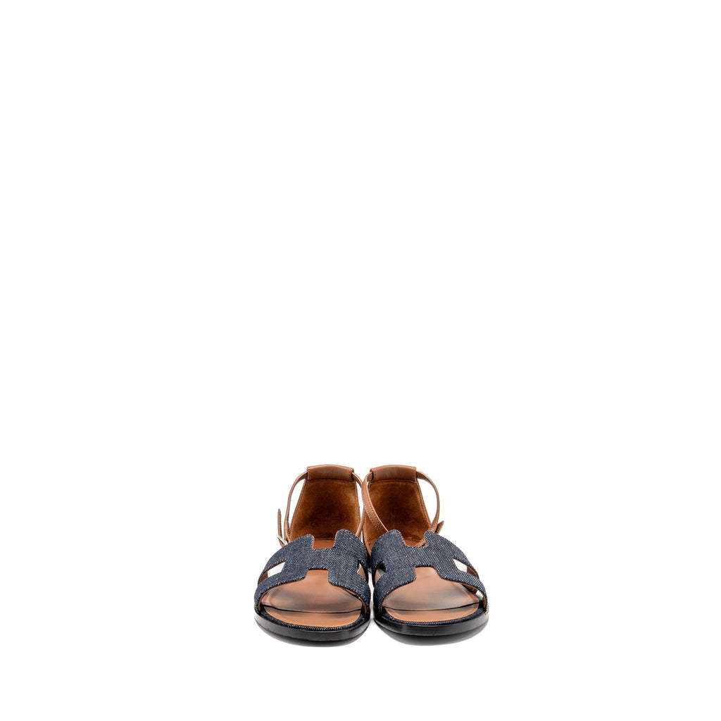 HERMES SANTORINI SANDALS DENIM/LEATHER BLEU BRUT / GOLD SHW