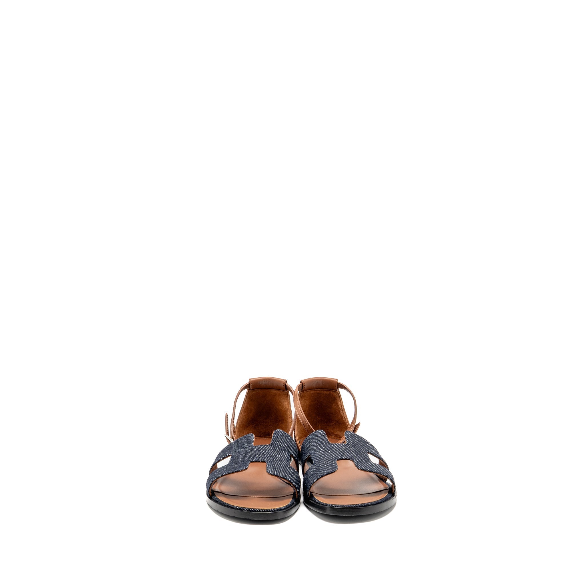 HERMES SANTORINI SANDALS DENIM/LEATHER BLEU BRUT / GOLD SHW