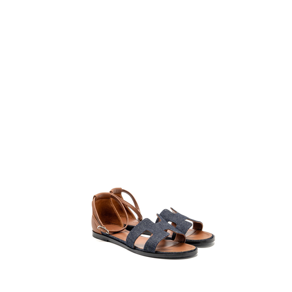 HERMES SANTORINI SANDALS DENIM/LEATHER BLEU BRUT / GOLD SHW