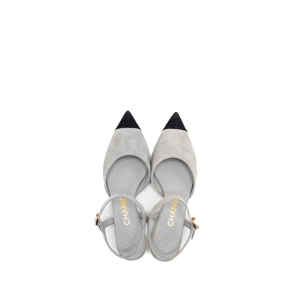 CHANEL SLINGBACKS SHOES SUEDE KIDSKIN/GROSGRAIN BLACK/LIGHT GREY GHW