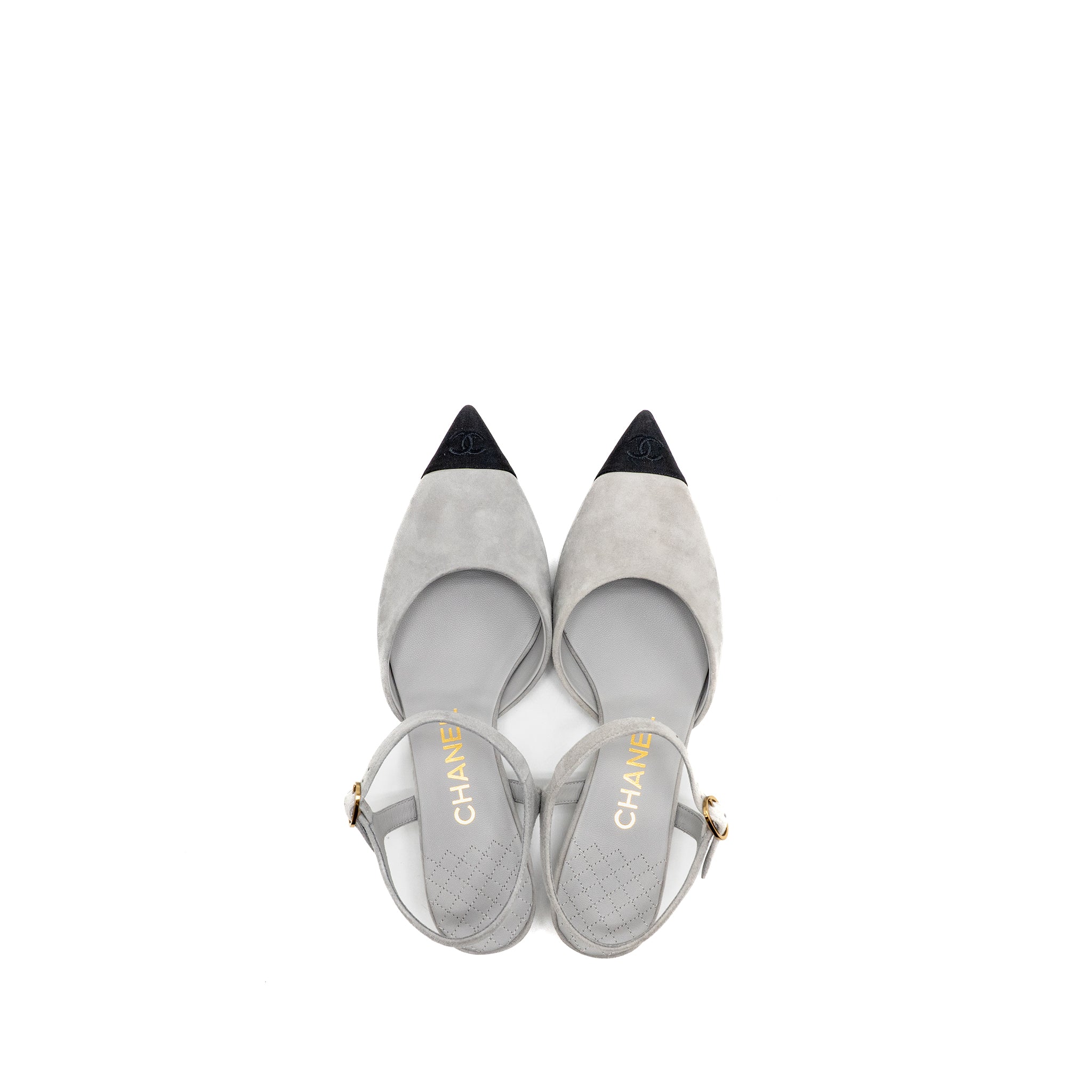 CHANEL SLINGBACKS SHOES SUEDE KIDSKIN/GROSGRAIN BLACK/LIGHT GREY GHW