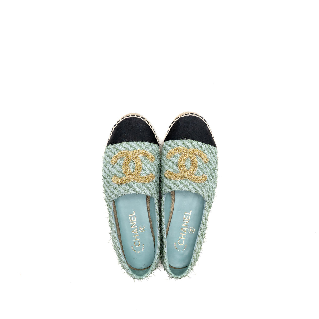 CHANEL 23S ESPADRILLES TWEED/GROSGRAIN LIGHT BLUE/GREEN/BLACK