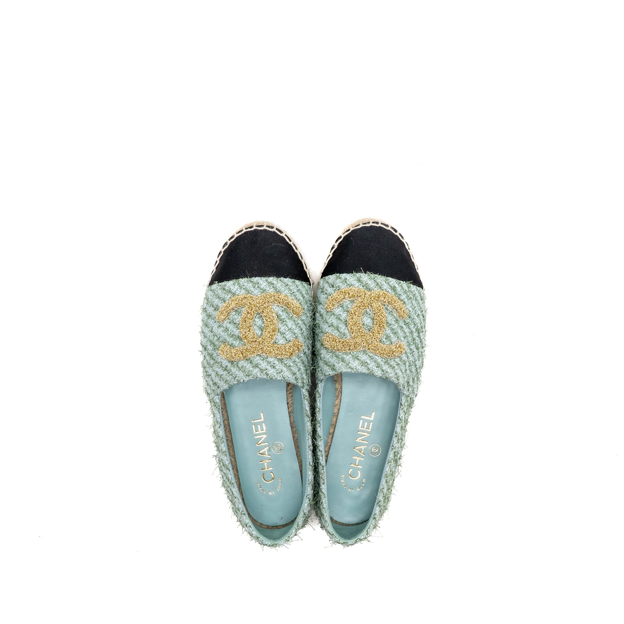 CHANEL 23S ESPADRILLES TWEED/GROSGRAIN LIGHT BLUE/GREEN/BLACK