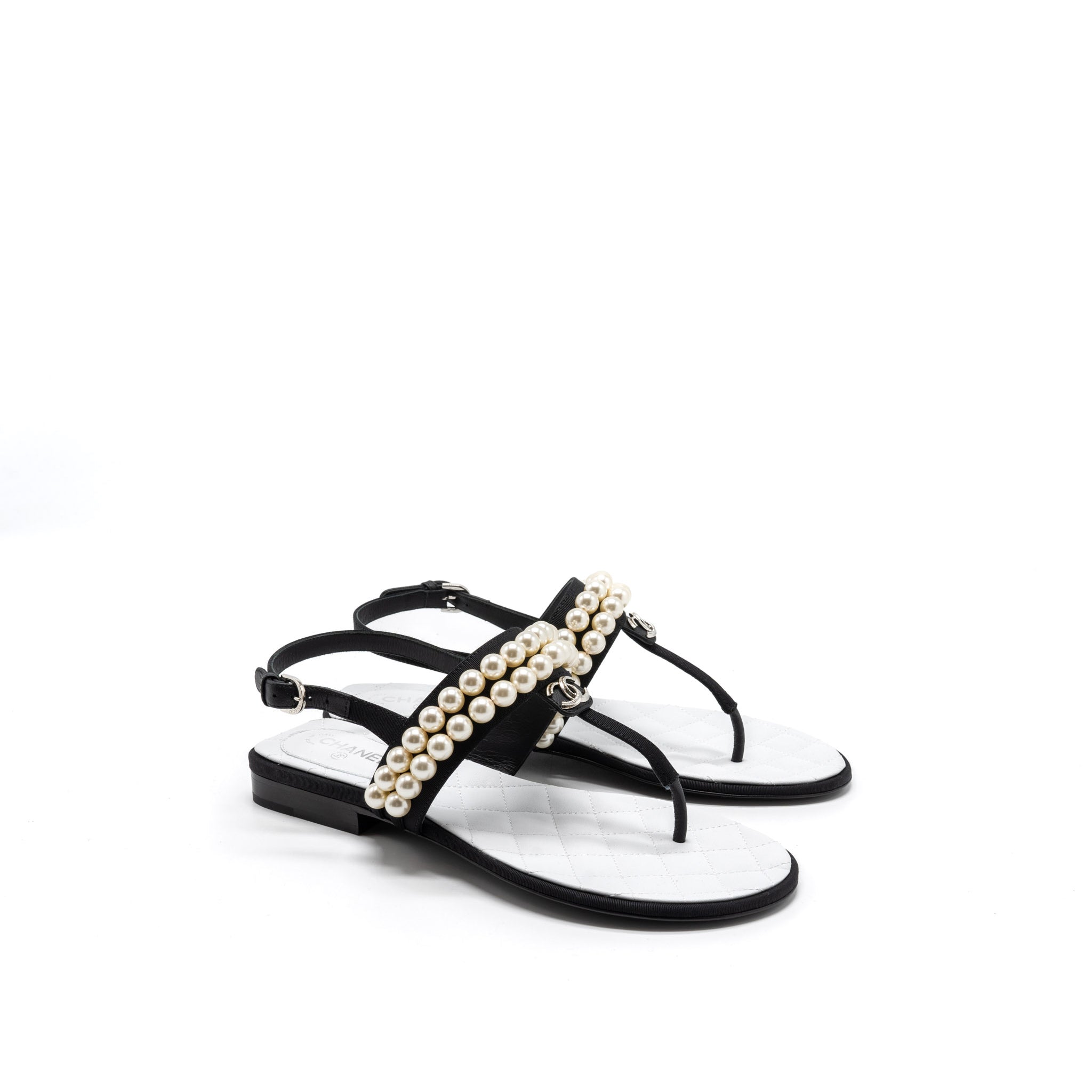 CHANEL 22B FLIP FLOPS SANDALS PEARL LEATHER/FABRIC BLACK SHW
