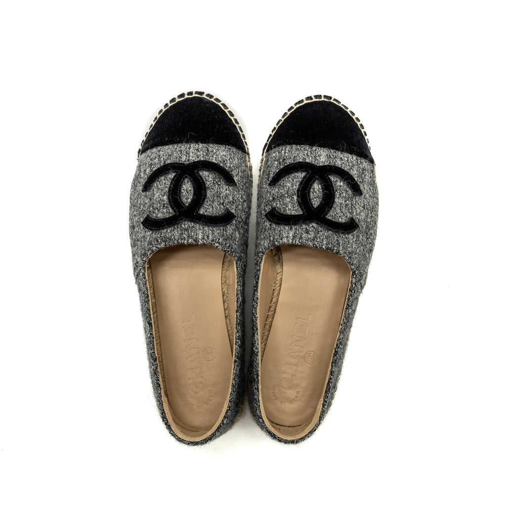 CHANEL 16A CC LOGO ESPADRILLES TWEED/VELVET GREY/BLACK