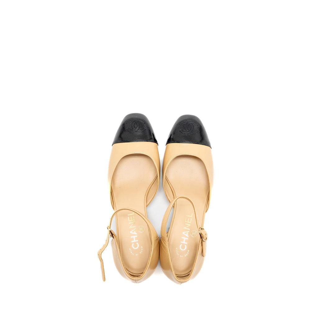 CHANEL 25C MARY JANES SHINY LAMBSKIN BEIGE/BLACK LGHW