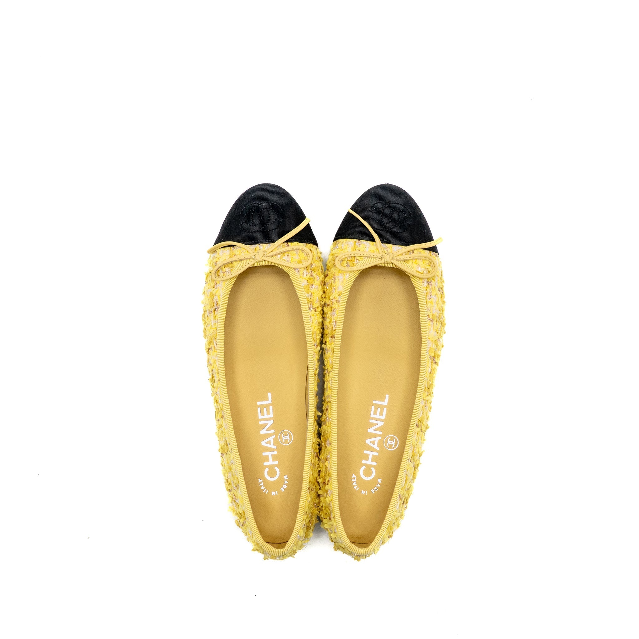 CHANEL BALLERINAS FLAT SHOES TWEED YELLOW/BLACK