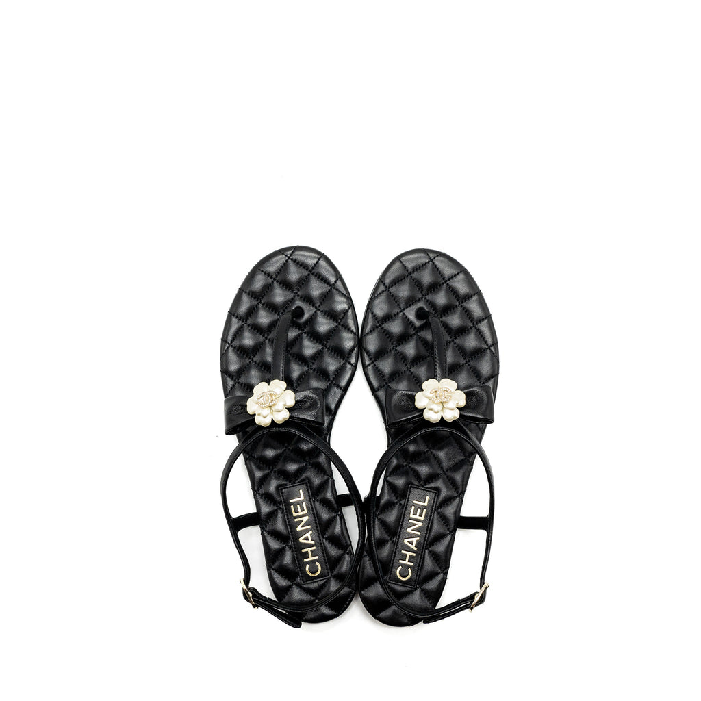 CHANEL CAMELLIA LEATHER SANDALS BLACK LGHW