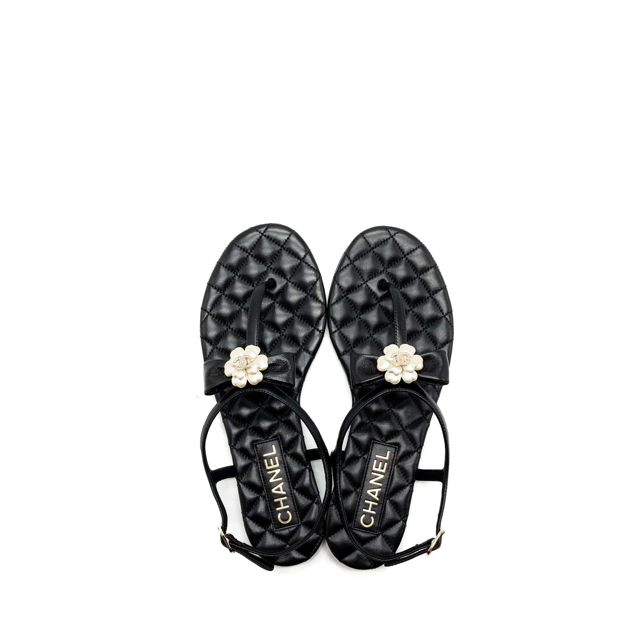 CHANEL CAMELLIA LEATHER SANDALS BLACK LGHW