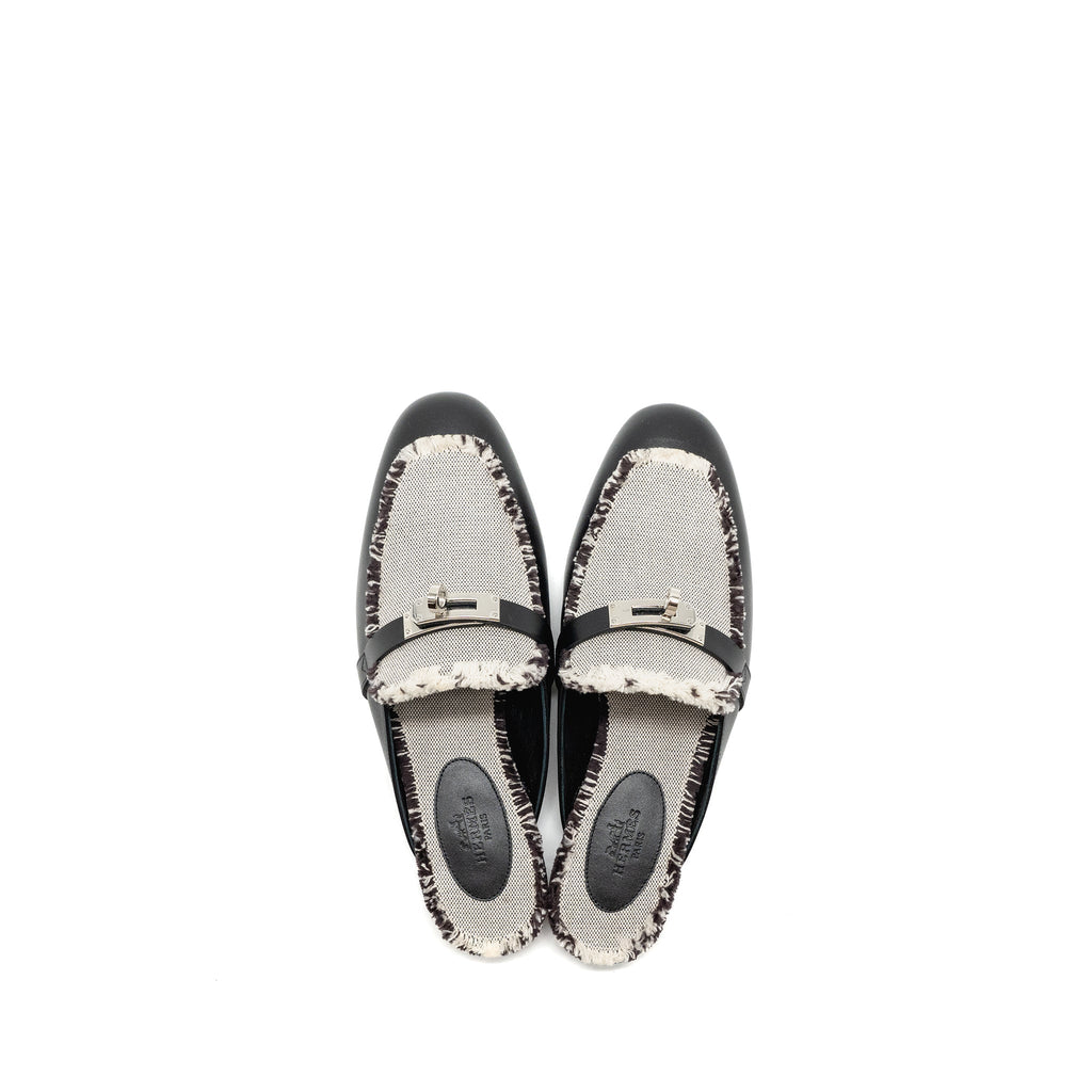 HERMES OZ MULE FRINGED CANVAS / CALFSKIN BLACK / BEIGE SHW
