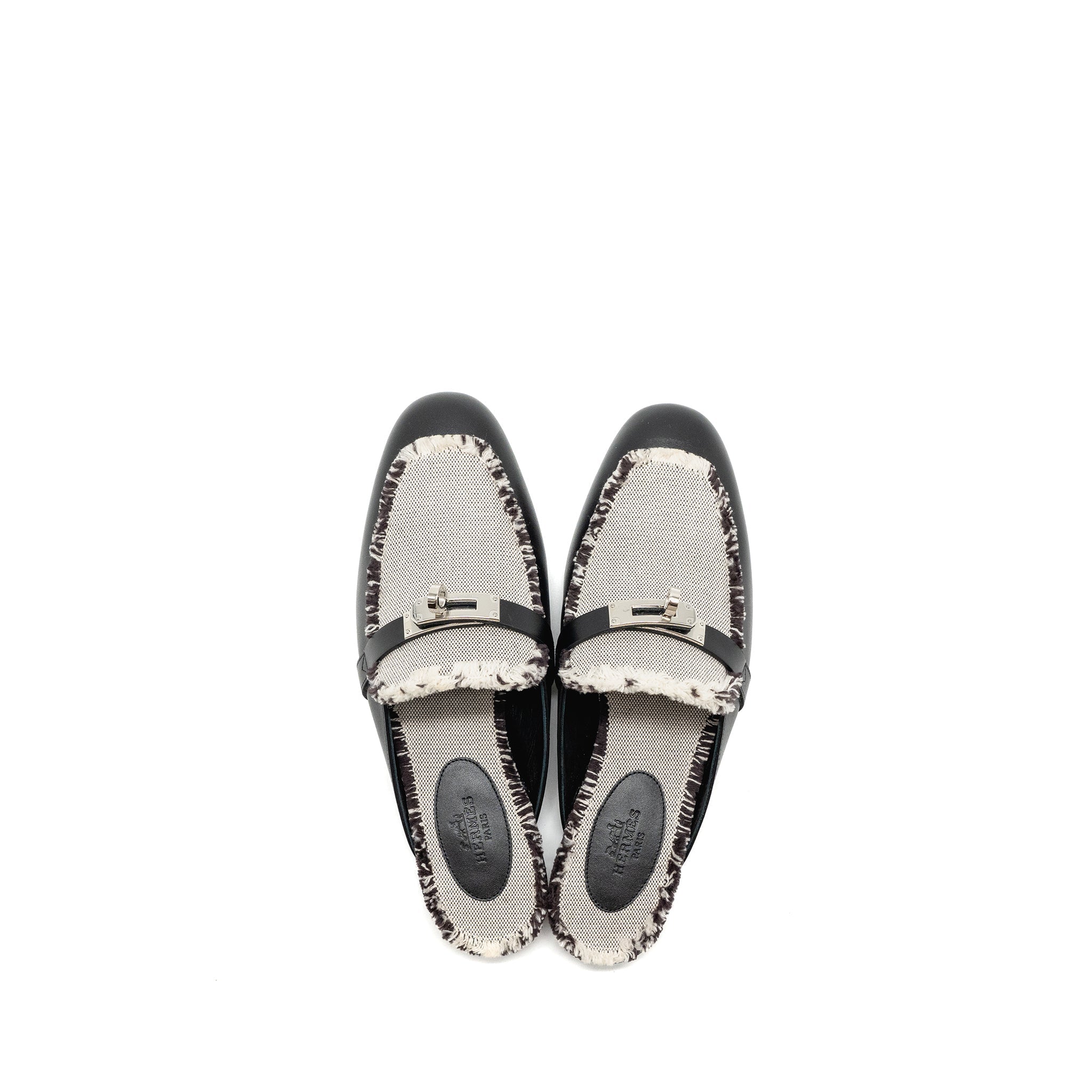 HERMES OZ MULE FRINGED CANVAS / CALFSKIN BLACK / BEIGE SHW
