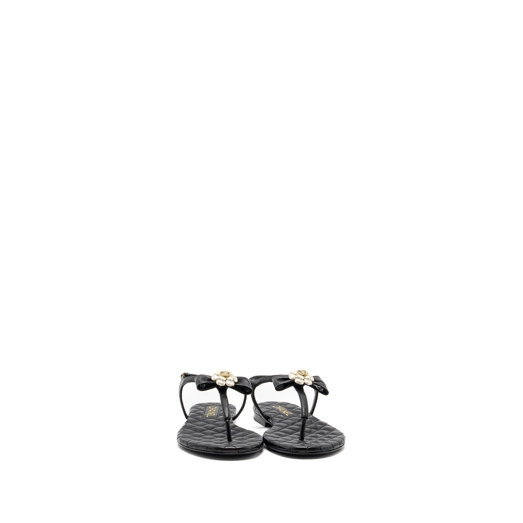 CHANEL CAMELLIA LEATHER SANDALS BLACK LGHW