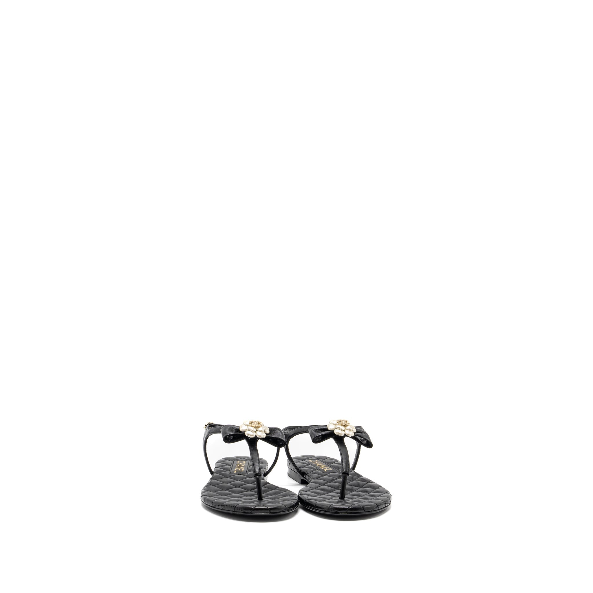 CHANEL CAMELLIA LEATHER SANDALS BLACK LGHW