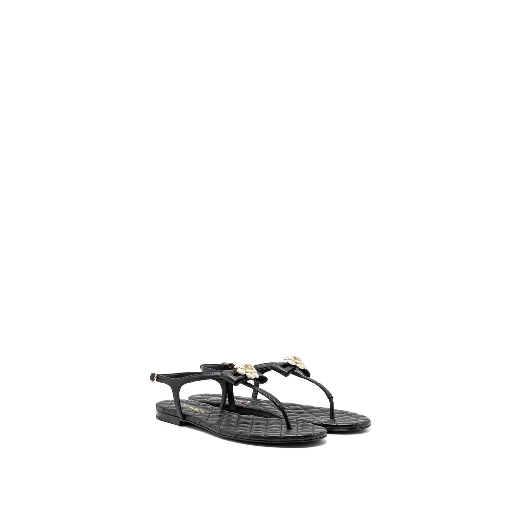 CHANEL CAMELLIA LEATHER SANDALS BLACK LGHW