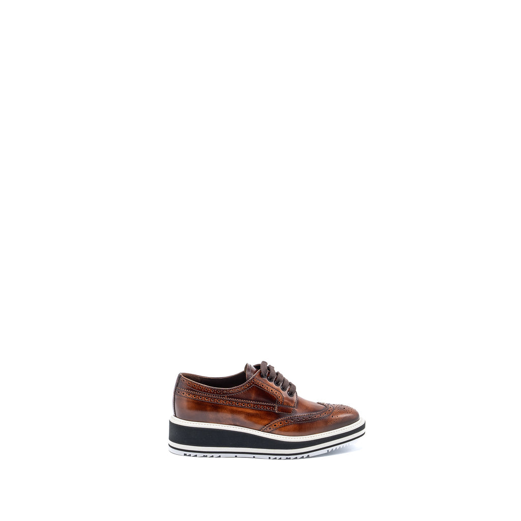 PRADA BROGUE-TRIM PLATFORM OXFORD LOAFER CALFSKIN BROWN
