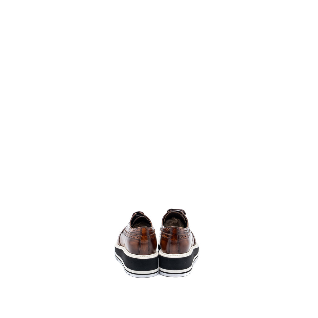 PRADA BROGUE-TRIM PLATFORM OXFORD LOAFER CALFSKIN BROWN