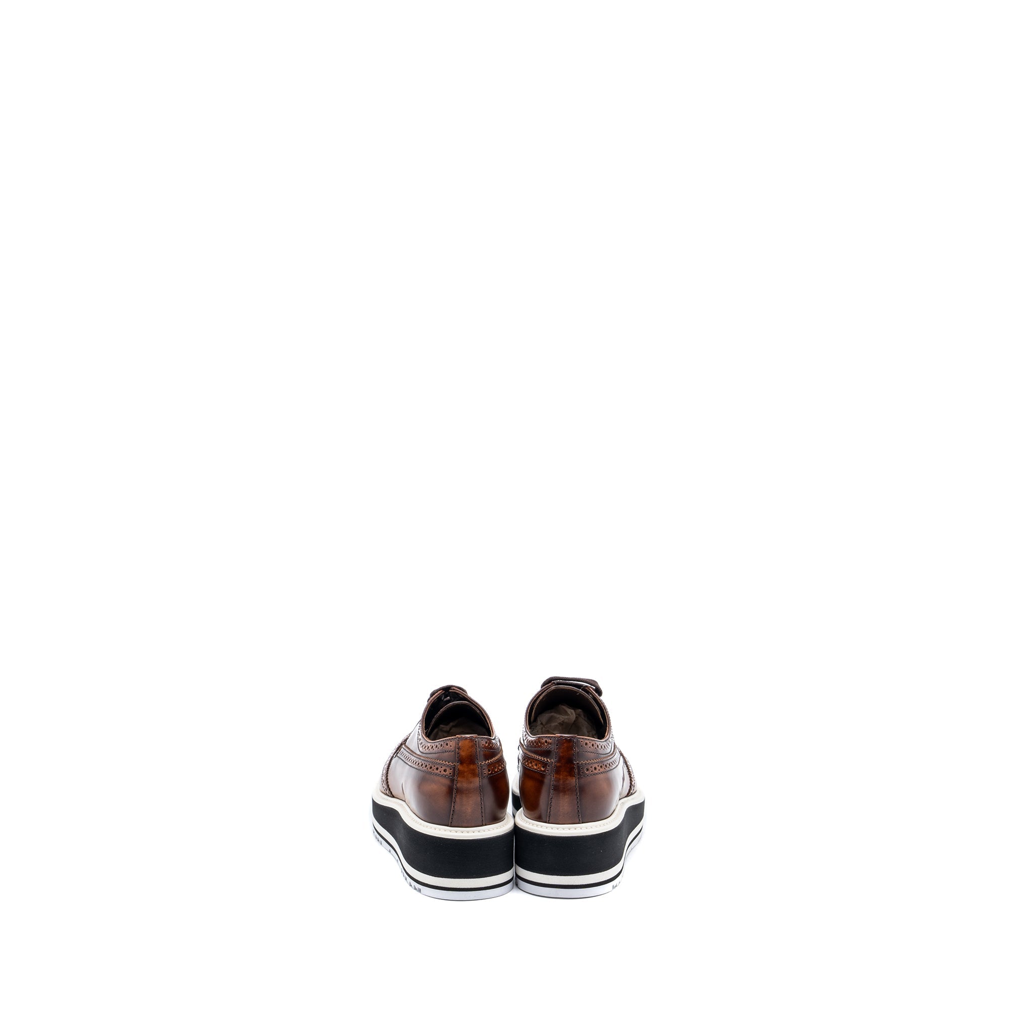 PRADA BROGUE-TRIM PLATFORM OXFORD LOAFER CALFSKIN BROWN