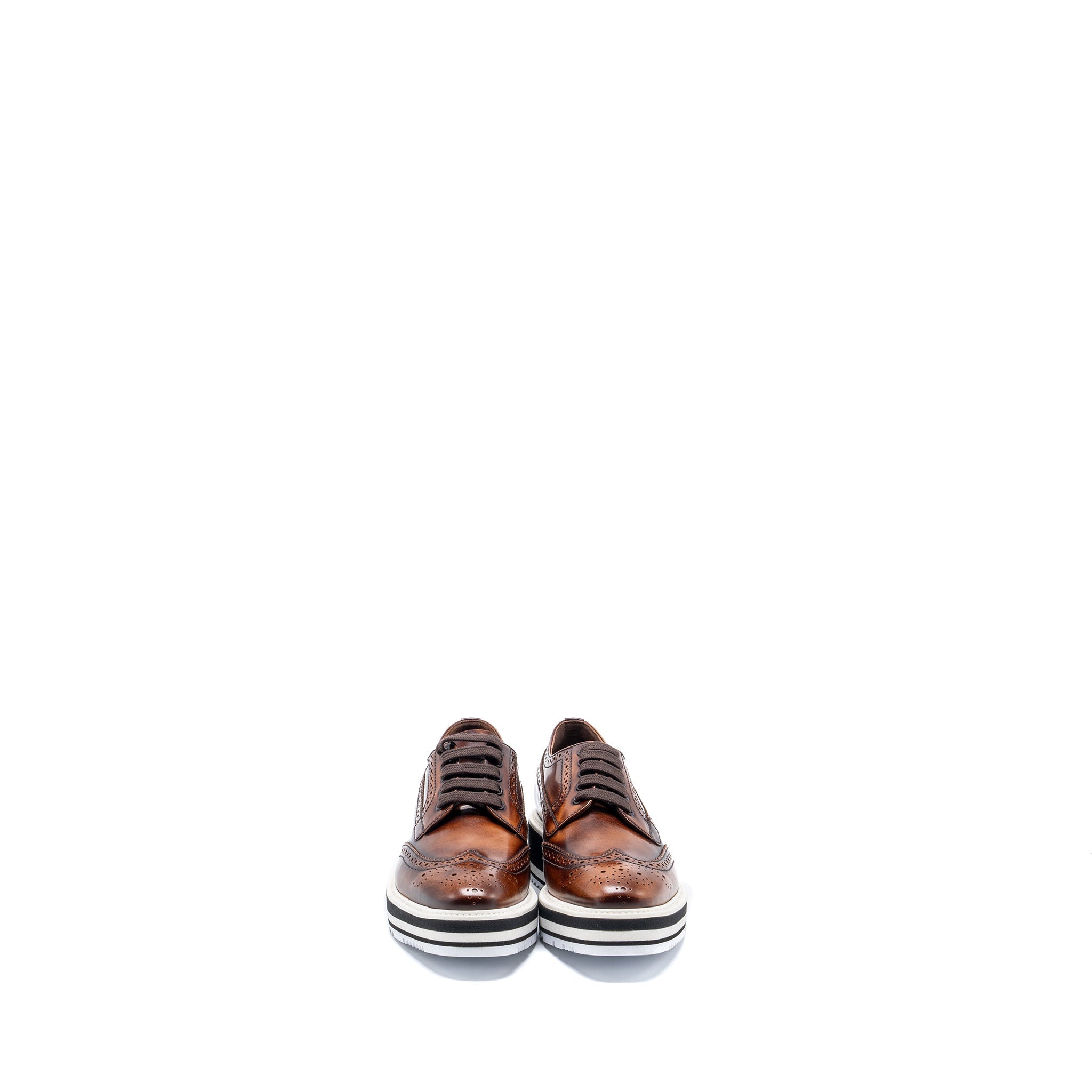 PRADA BROGUE-TRIM PLATFORM OXFORD LOAFER CALFSKIN BROWN