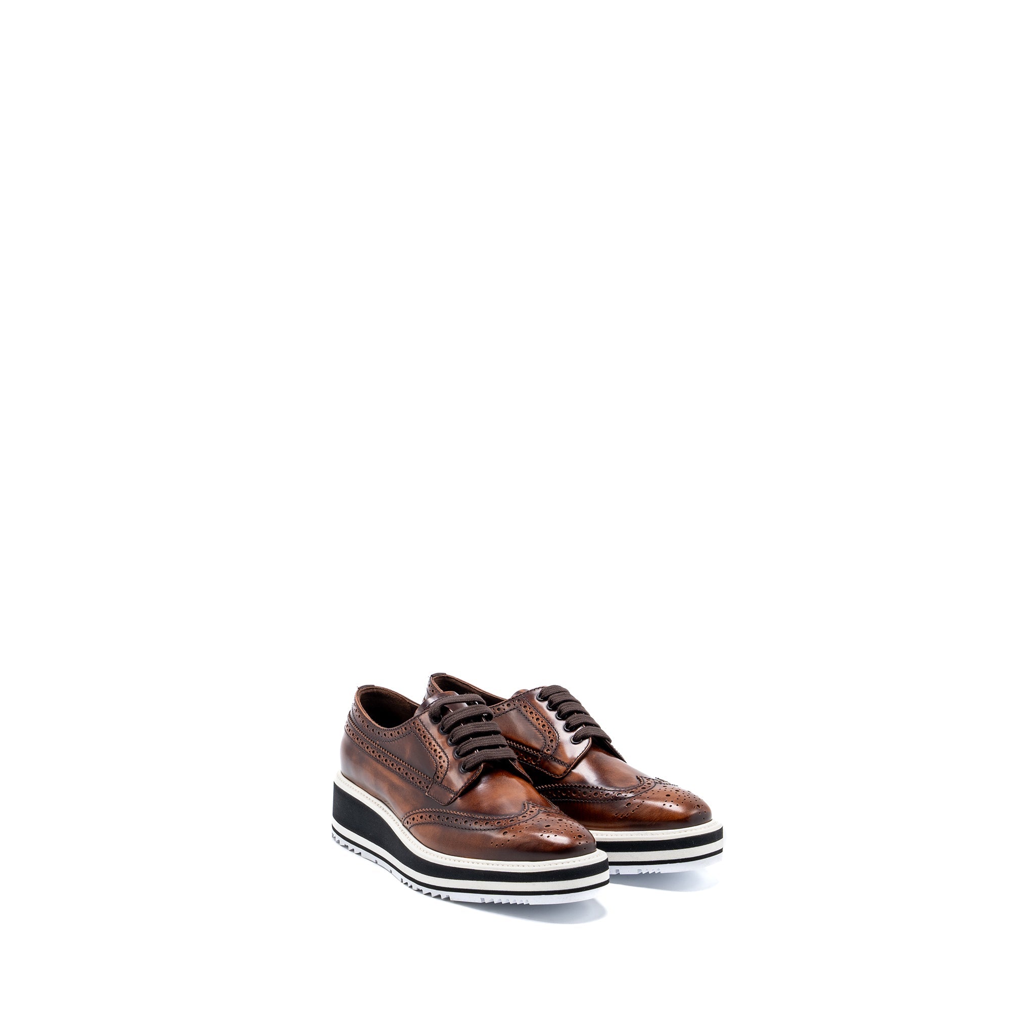 PRADA BROGUE-TRIM PLATFORM OXFORD LOAFER CALFSKIN BROWN