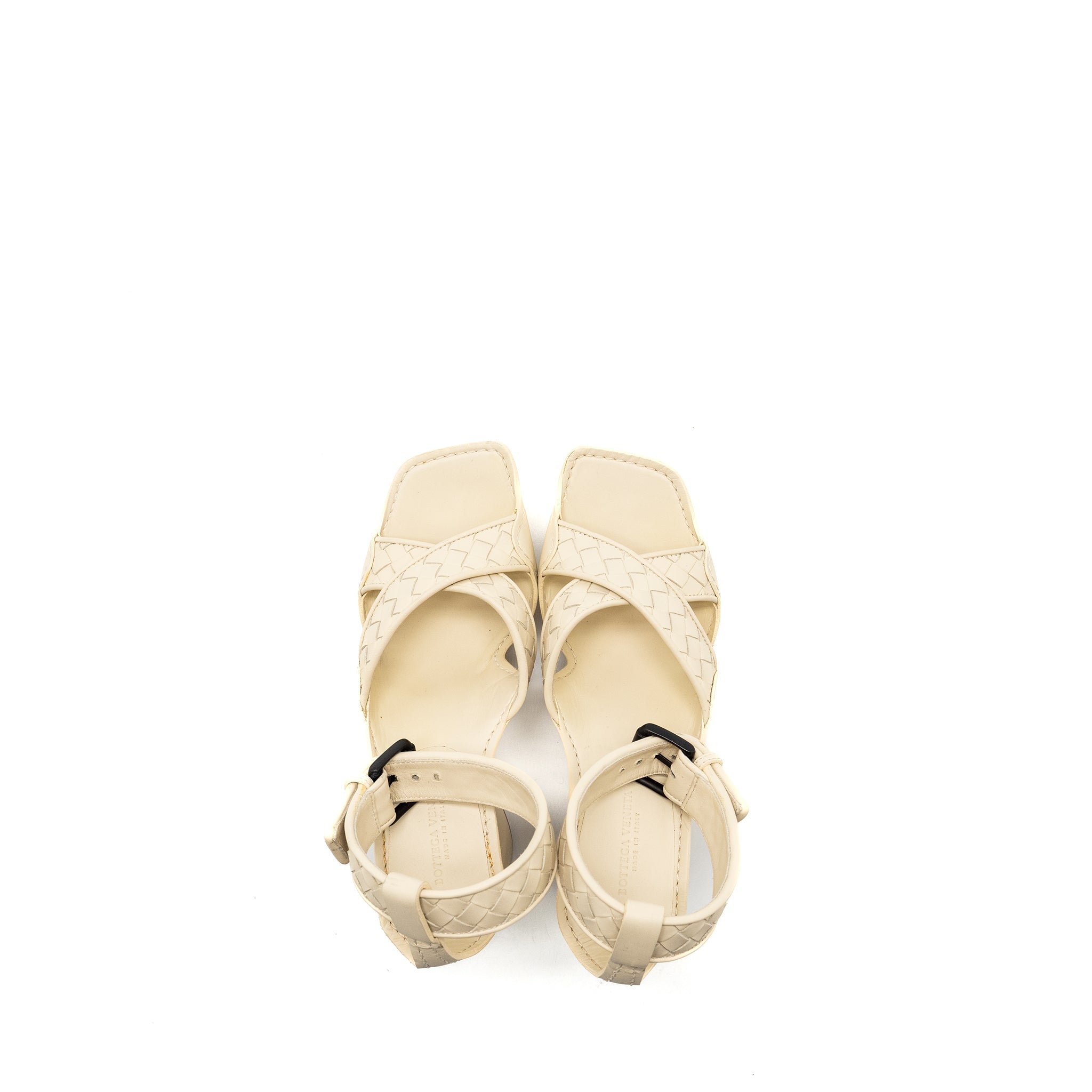 BOTTEGA VENETA INTRECCIATO ANKLE STRAP PLATFORM SANDALS CALFSKIN CREAM