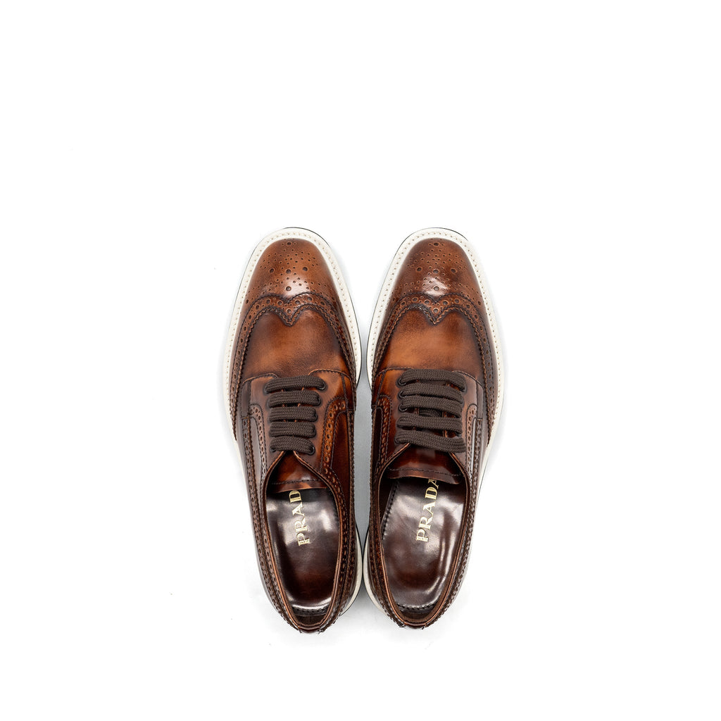 PRADA BROGUE-TRIM PLATFORM OXFORD LOAFER CALFSKIN BROWN