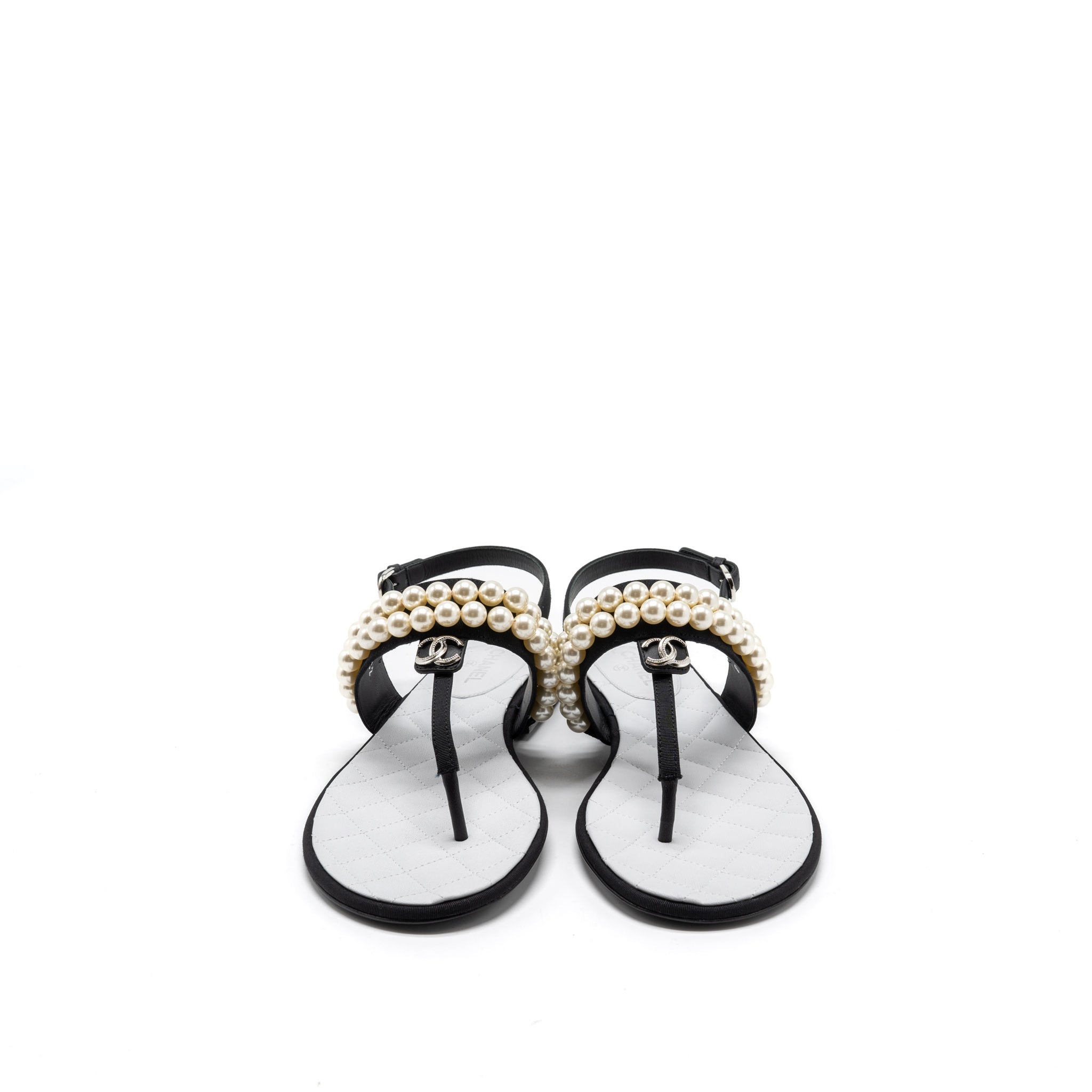 CHANEL 22B FLIP FLOPS SANDALS PEARL LEATHER/FABRIC BLACK SHW
