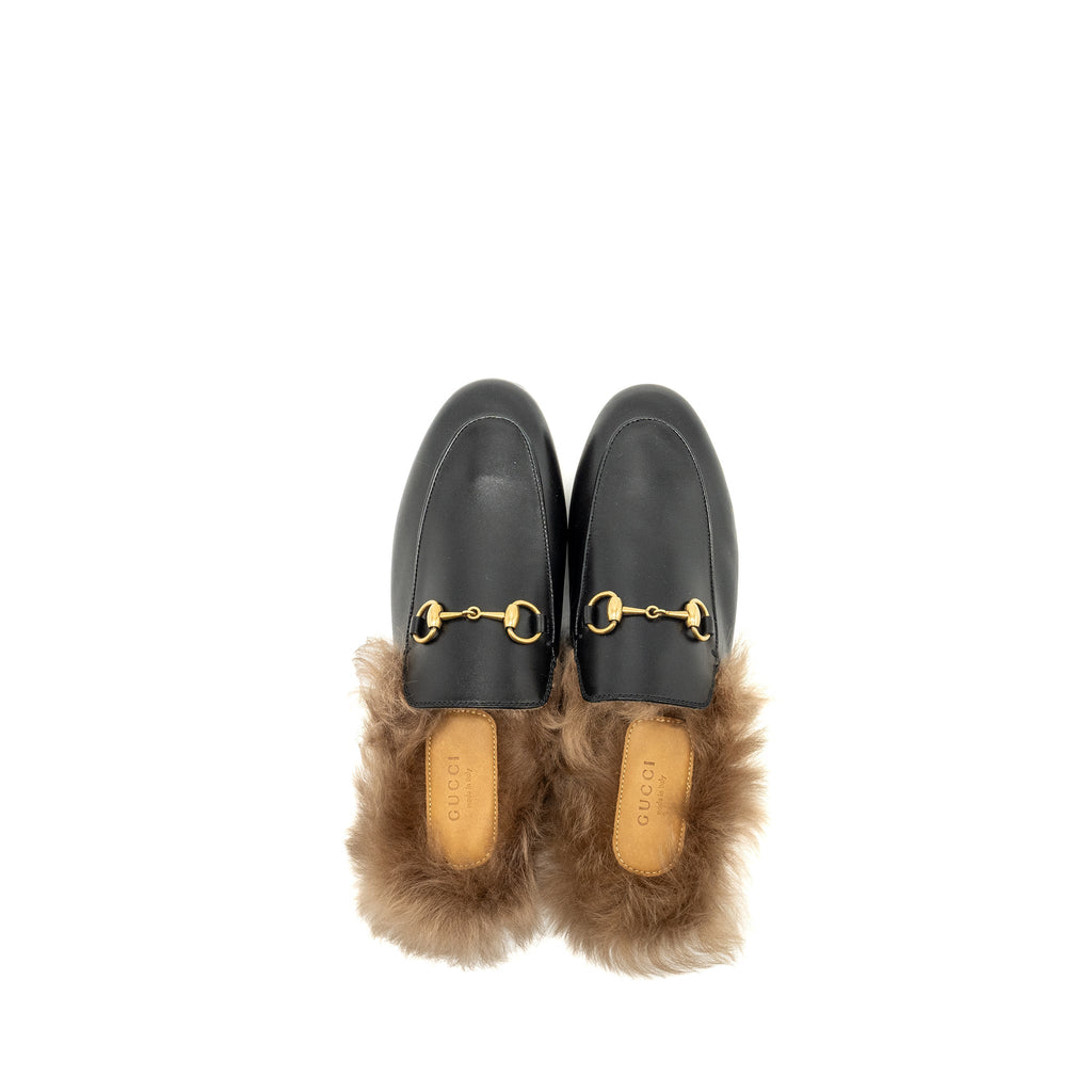 GUCCI HORSEBIT PRINCETOWN FUR SLIPPER LEATHER BLACK GHW