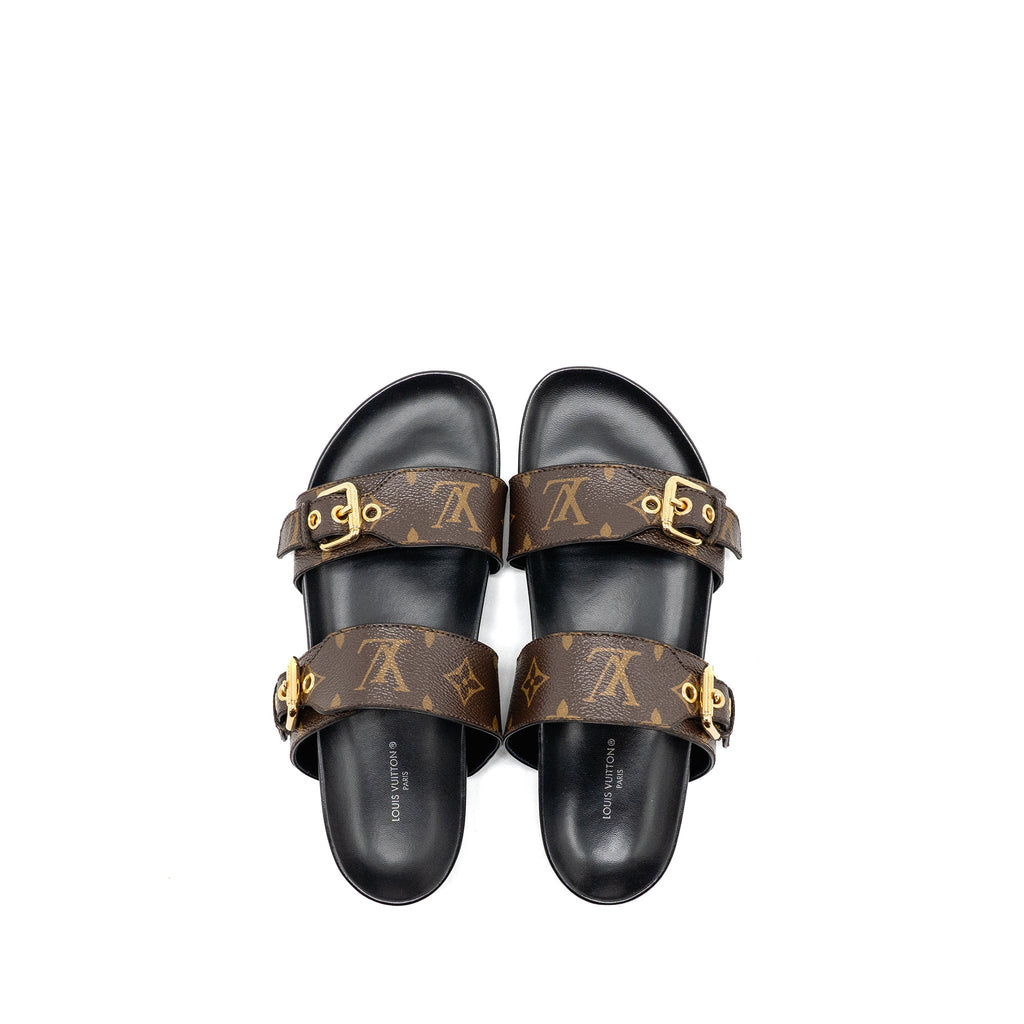LOUIS VUITTON BOM DIA FLAT COMFORT MULE PATENT MONOGRAM CANVAS CACAO BROWN GHW