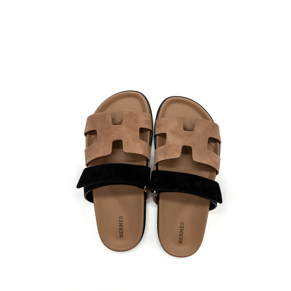 HERMES CHYPRE SANDAL SUEDE LEATHER ROSE PERLE / BLACK