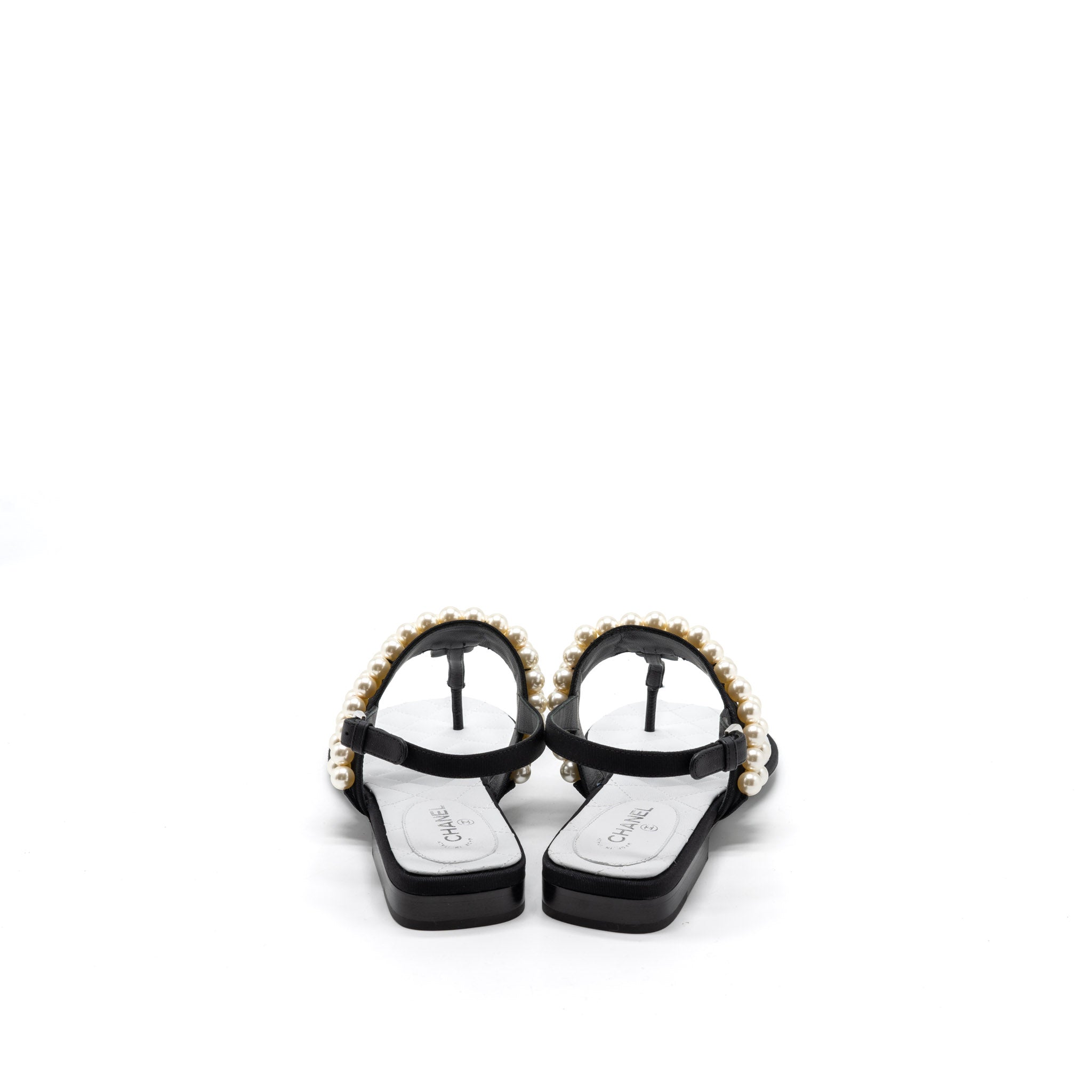 CHANEL 22B FLIP FLOPS SANDALS PEARL LEATHER/FABRIC BLACK SHW