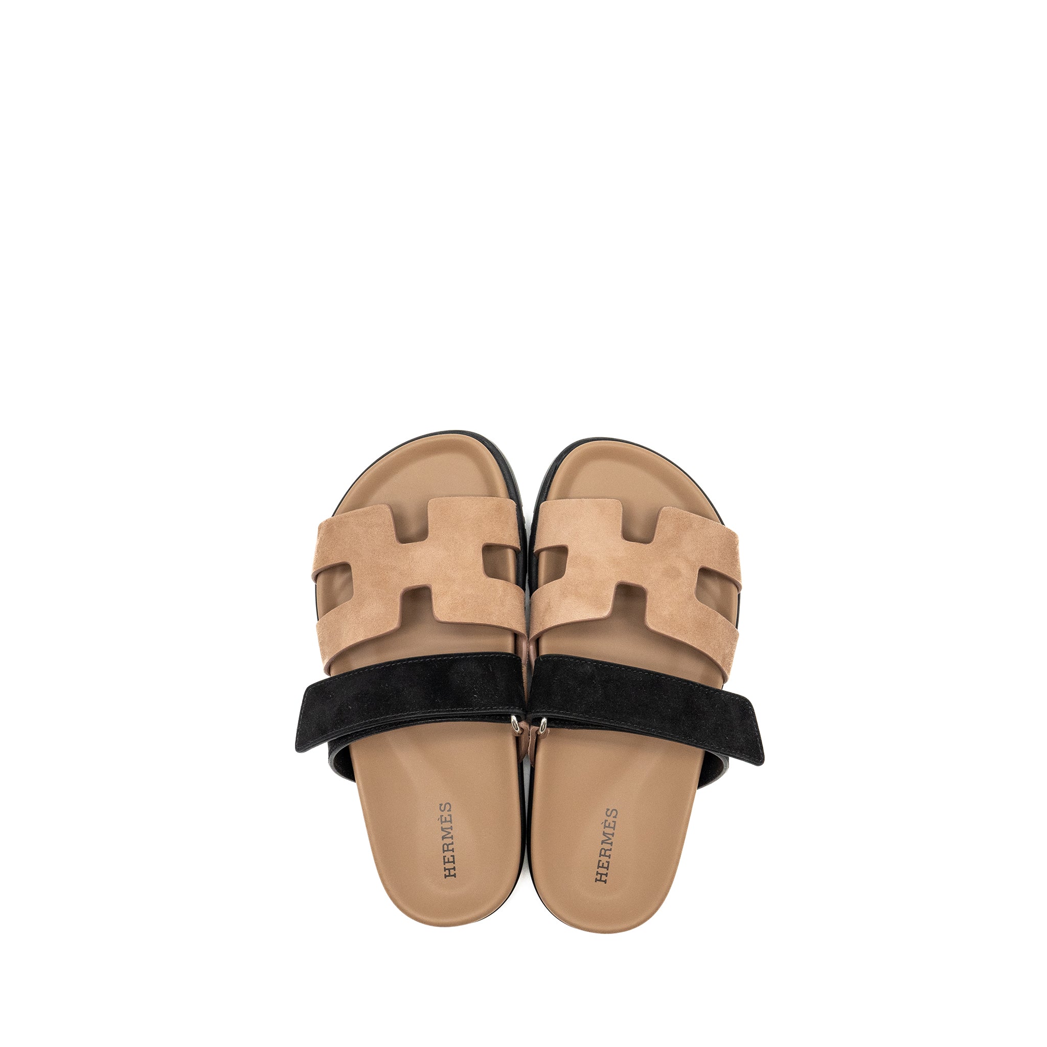 HERMES CHYPRE SANDALS CHÈVRE SUEDE ROSE PERLE / NOIR