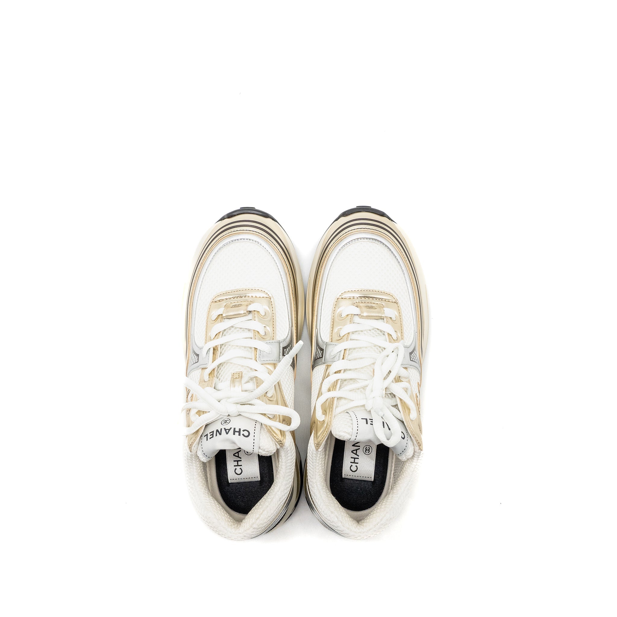 CHANEL CC SNEAKERS FABRIC/LAMINATED WHITE/GOLD/SILVER