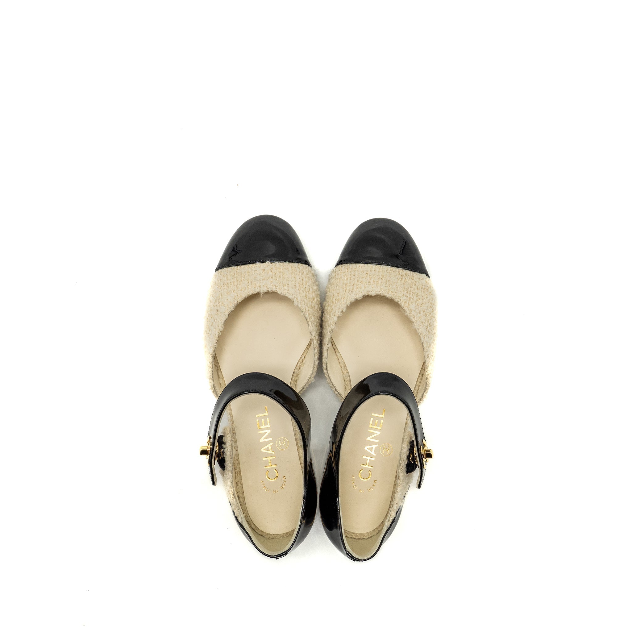 CHANEL 21K CC LOGO BALLERINAS TWEED/PATENT CALFSKIN IVORY/BLACK GHW