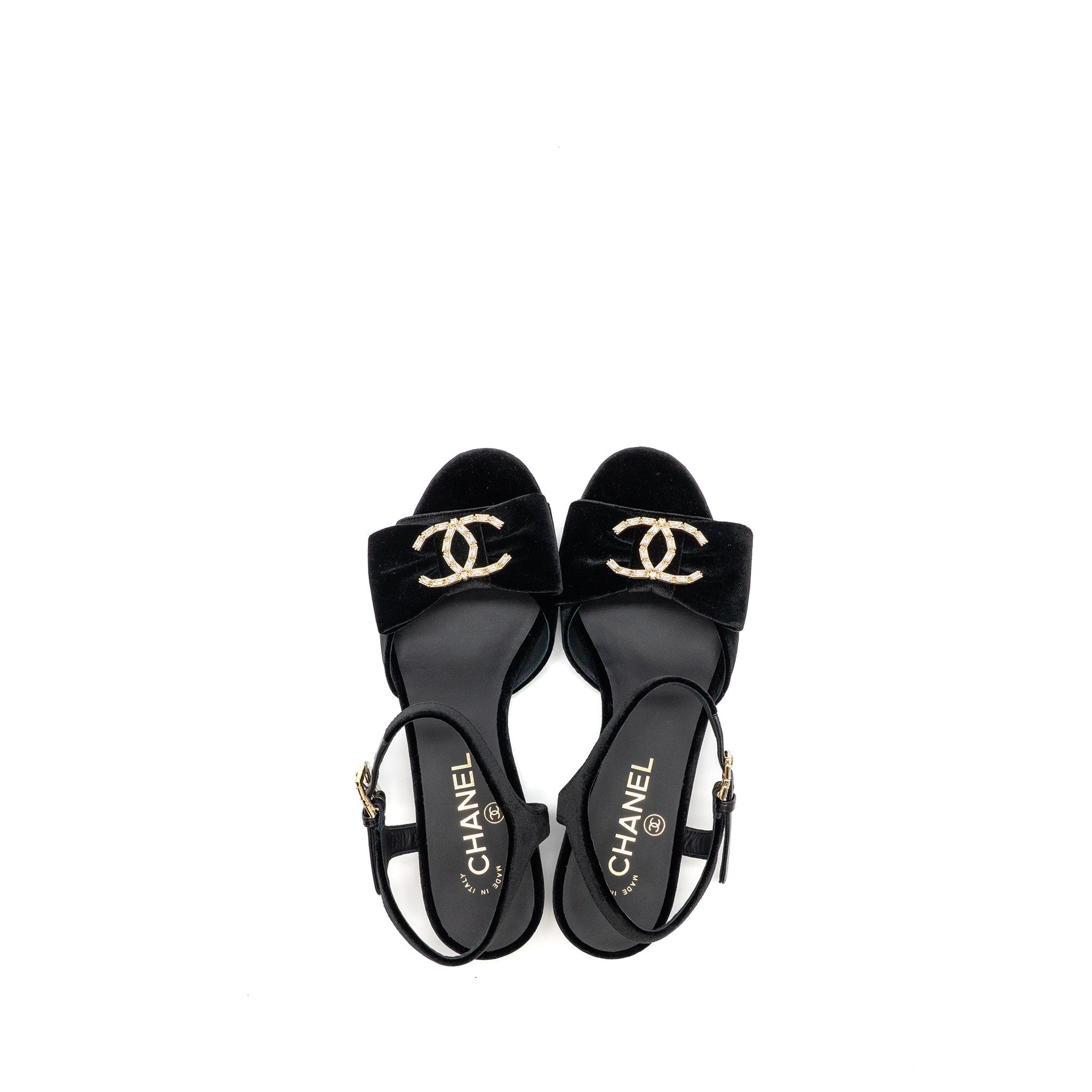 CHANEL 24K CRYSTAL CC LOGO SANDALS VELVET BLACK LGHW