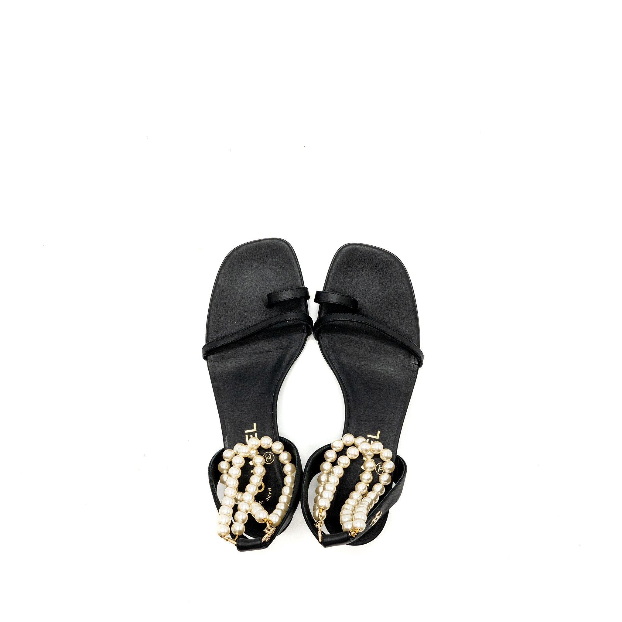 CHANEL HEEL SANDALS WITH PEARL LEATHER BLACK GHW