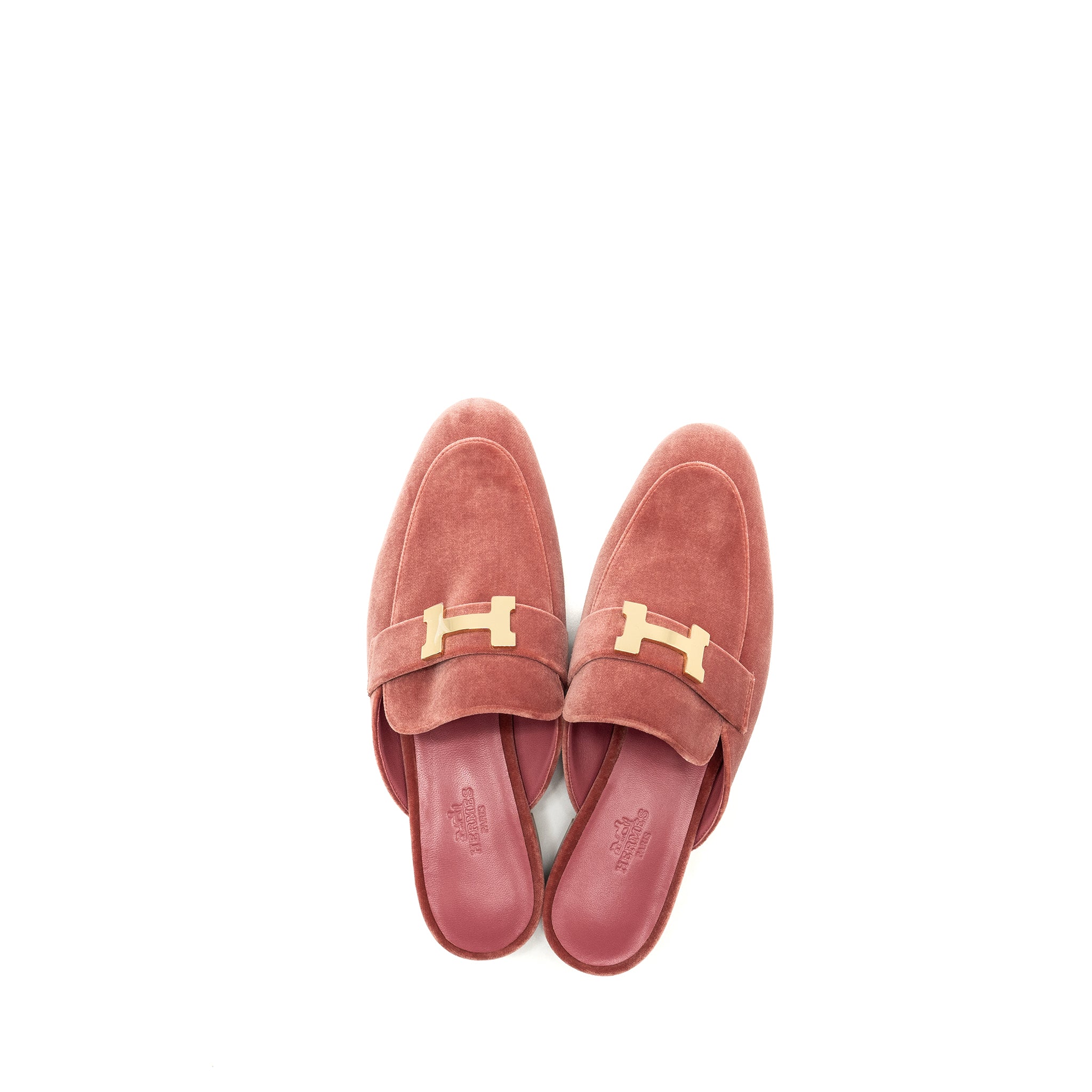 HERMES TROCADERO H LOGO BUCKLE MULE SLIDES VELVET ROSE POUDRE GHW