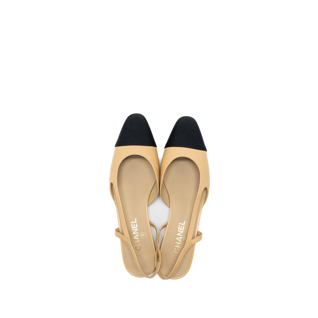 CHANEL SLINGBACK FLATS CALFSKIN BEIGE/BLACK