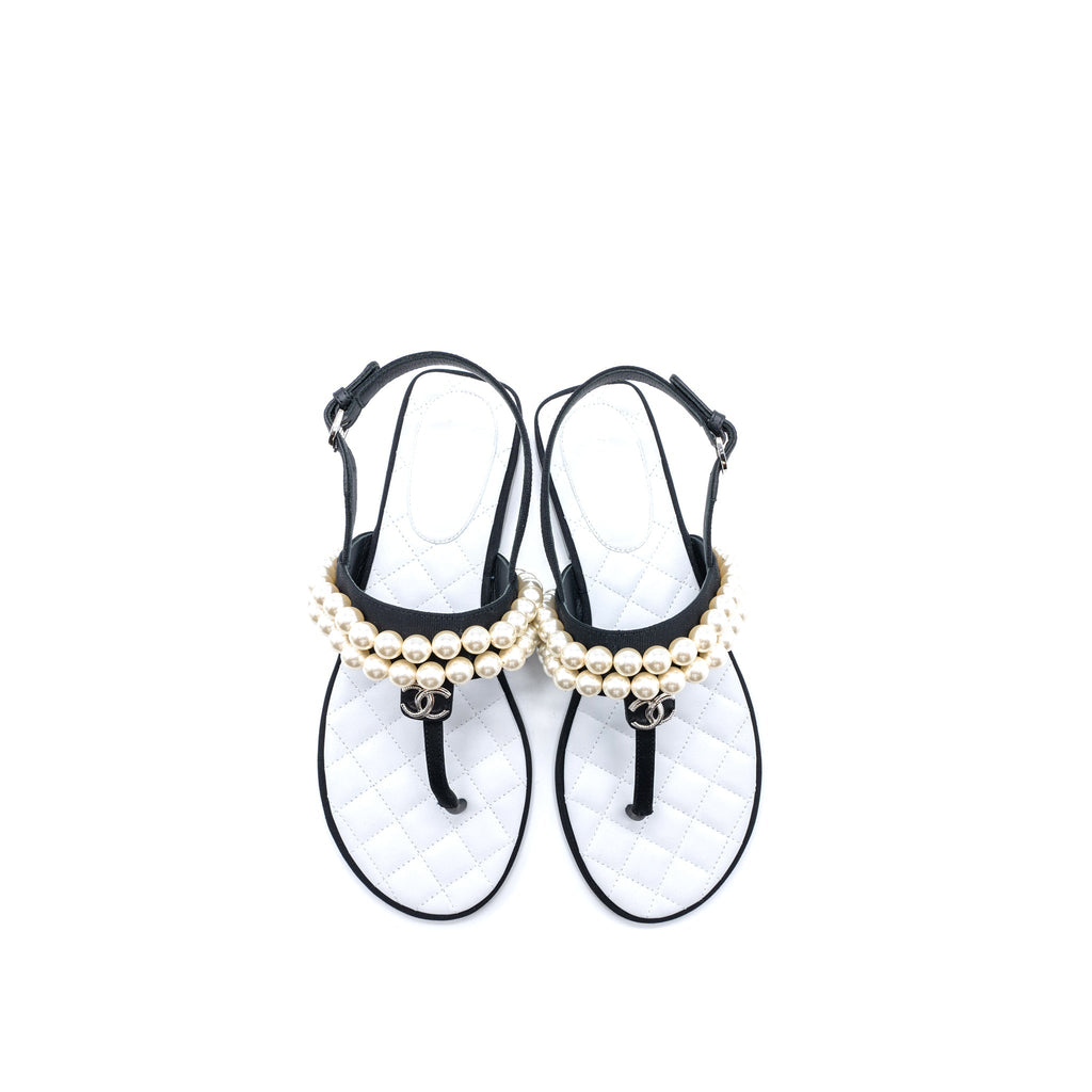 CHANEL 22B FLIP FLOPS SANDALS PEARL LEATHER/FABRIC BLACK SHW
