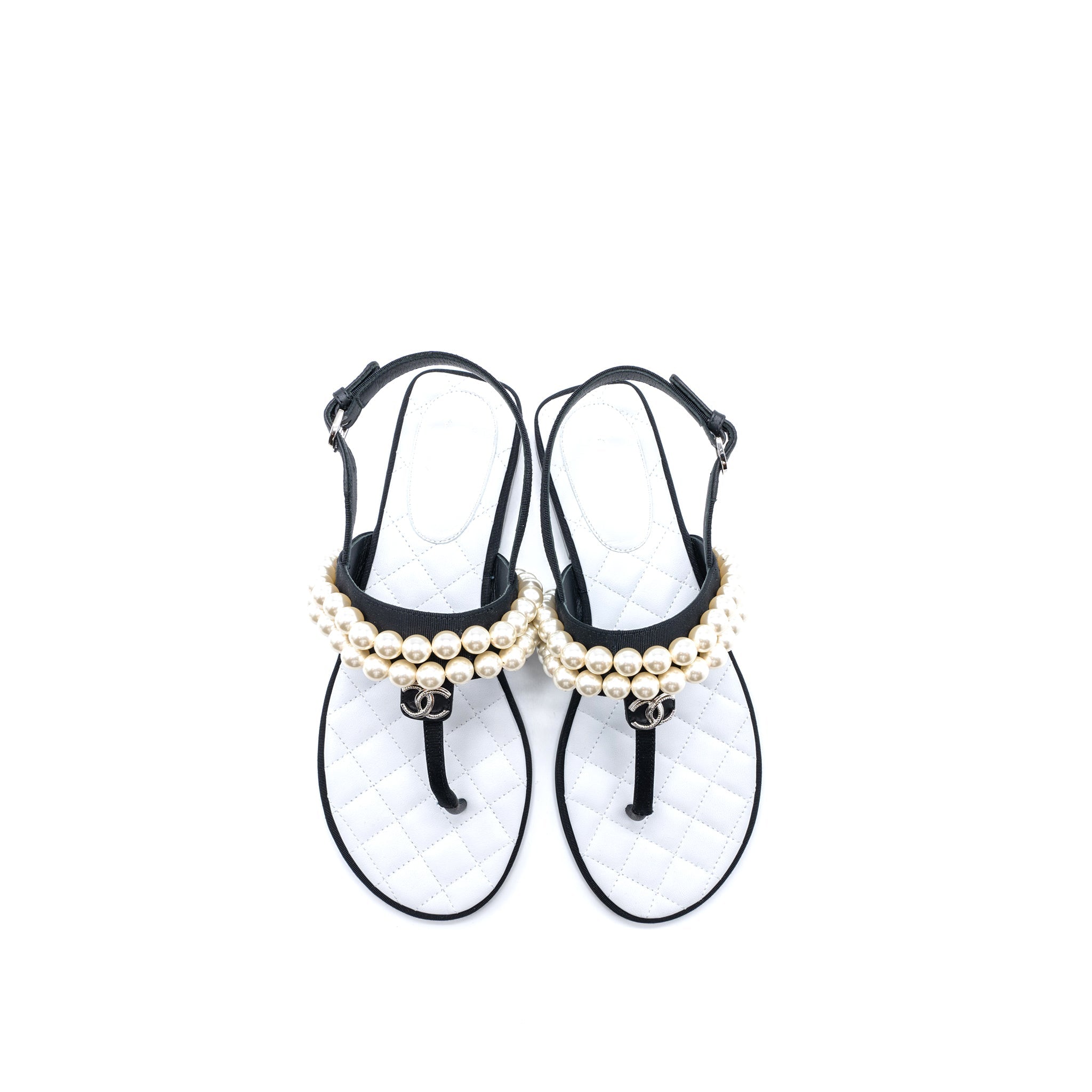 CHANEL 22B FLIP FLOPS SANDALS PEARL LEATHER/FABRIC BLACK SHW