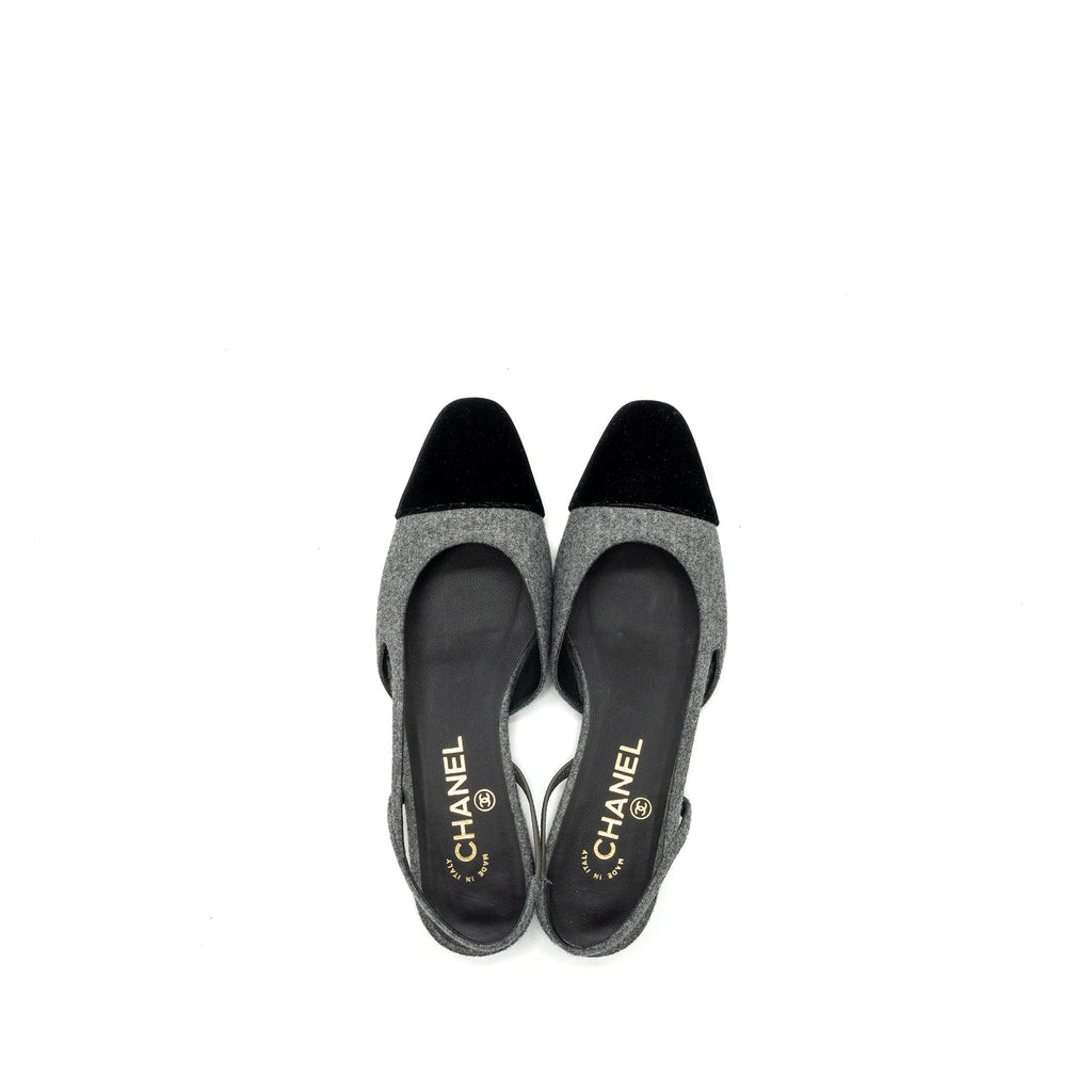 CHANEL SLING BACK FLAT SHOES FELT/VELVET GREY/BLACK