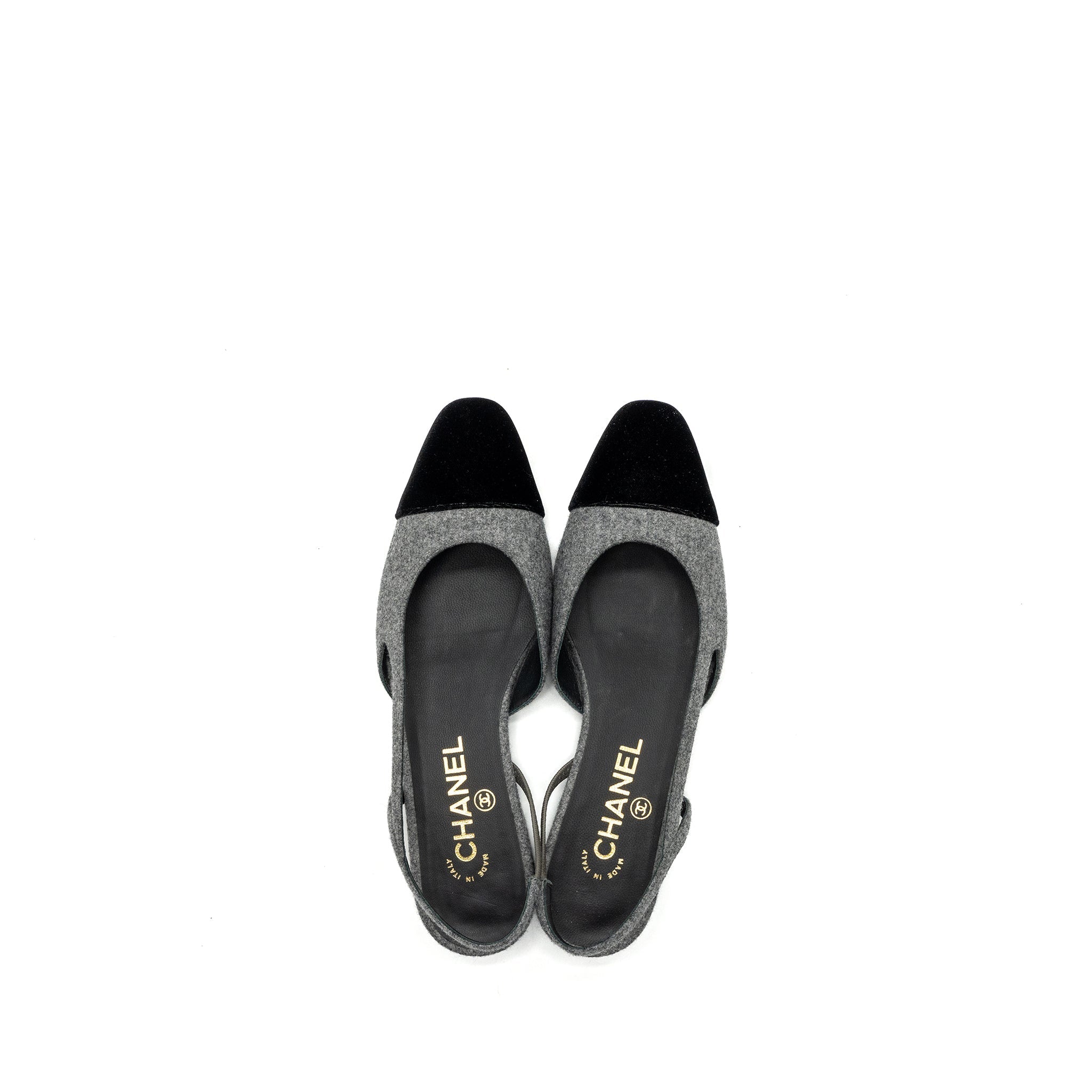 CHANEL SLING BACK FLAT SHOES FELT/VELVET GREY/BLACK