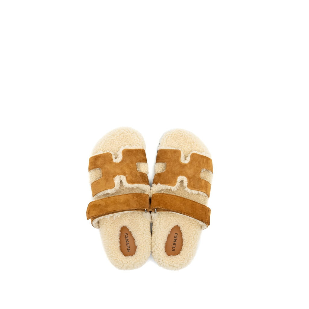 HERMES CHYPRE SANDAL CHEVRE GOATSKIN /SHEARLING NATUREL/ECRU
