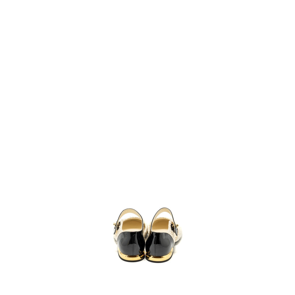CHANEL 21K CC LOGO BALLERINAS TWEED/PATENT CALFSKIN IVORY/BLACK GHW