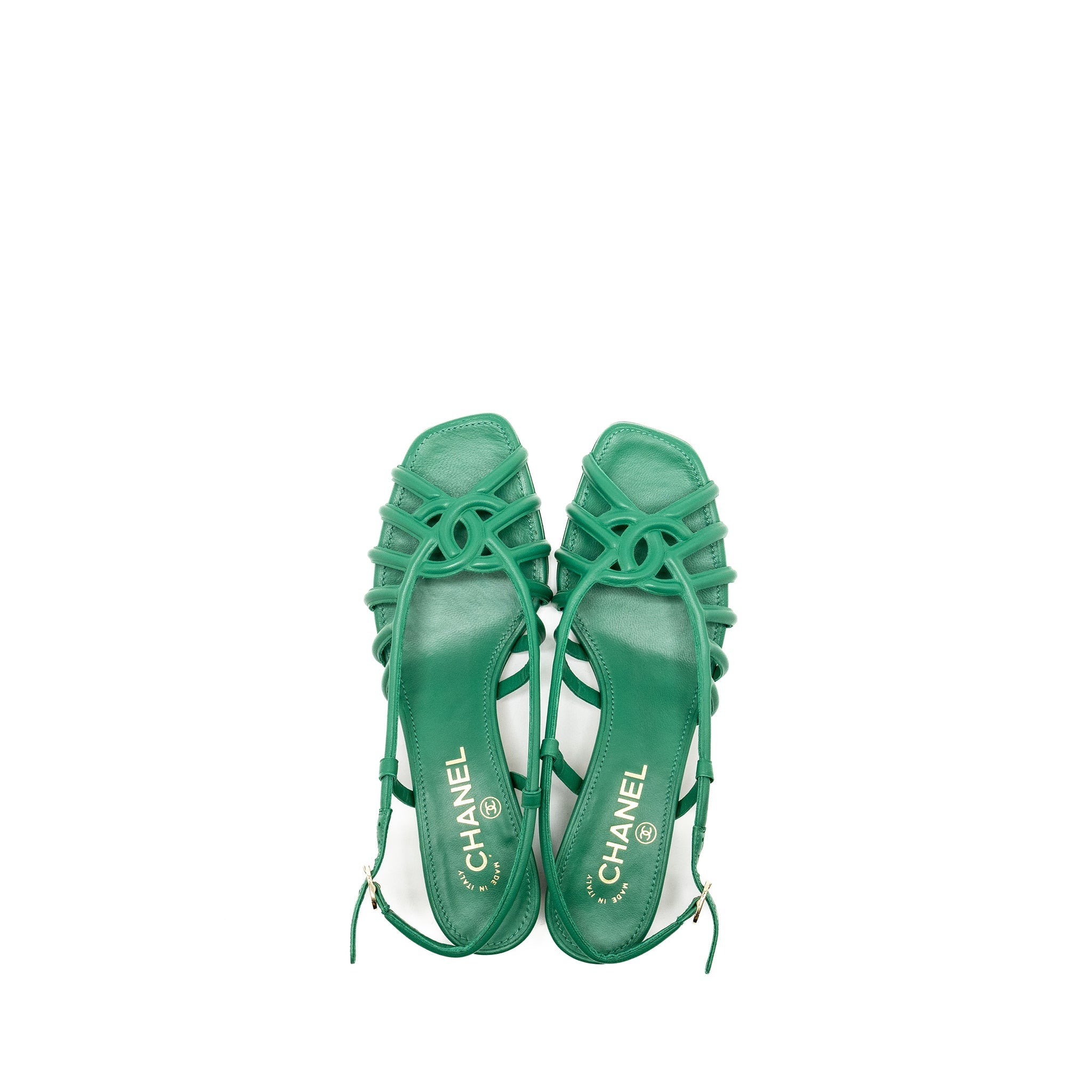 CHANEL 22B CC LOGO SANDALS LAMBSKIN GREEN SHW