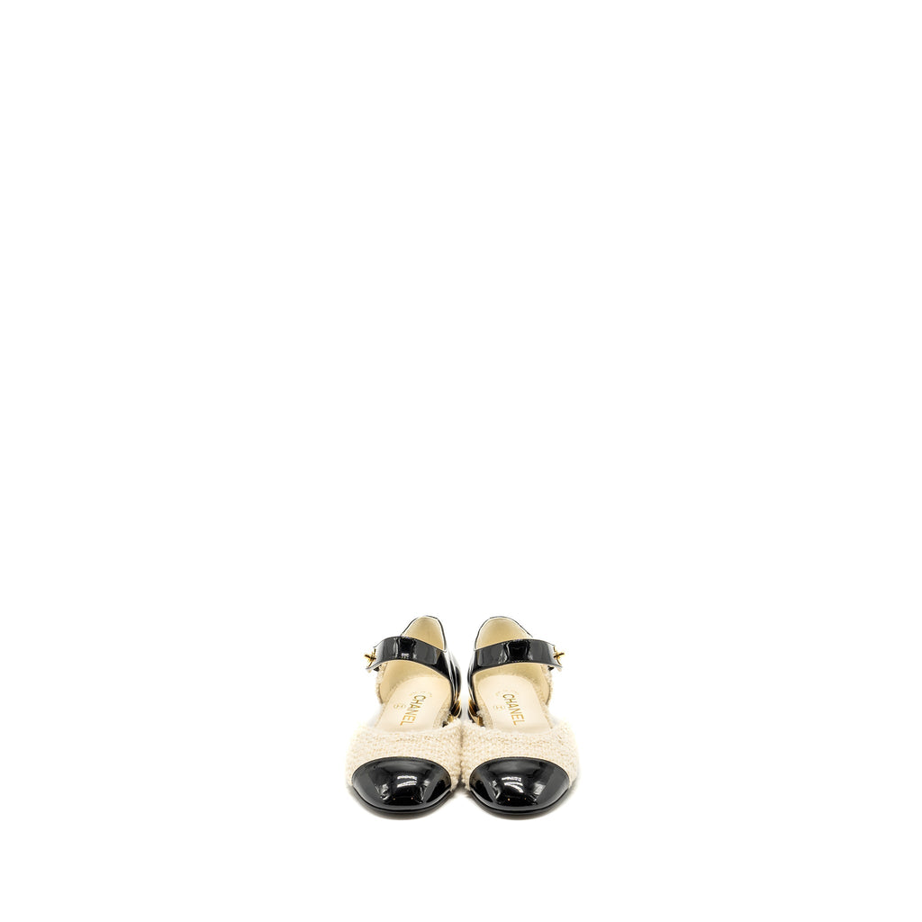 CHANEL 21K CC LOGO BALLERINAS TWEED/PATENT CALFSKIN IVORY/BLACK GHW