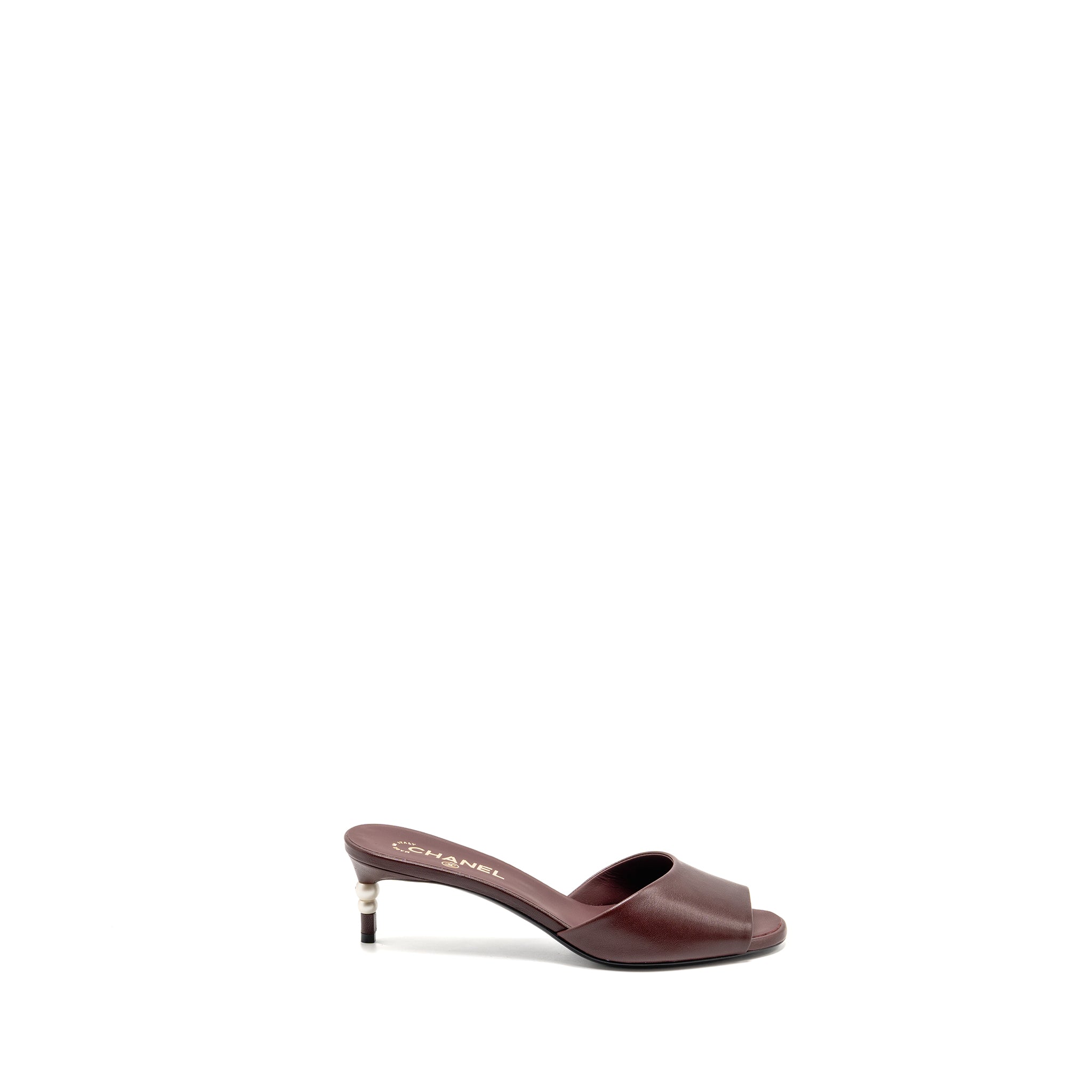 CHANEL MULE/SANDALS WITH PEARL HEELS LAMBSKIN BURGUNDY
