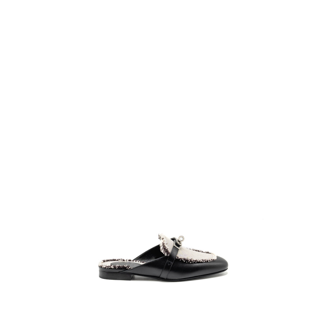 HERMES OZ MULE FRINGED CANVAS / CALFSKIN BLACK / BEIGE SHW