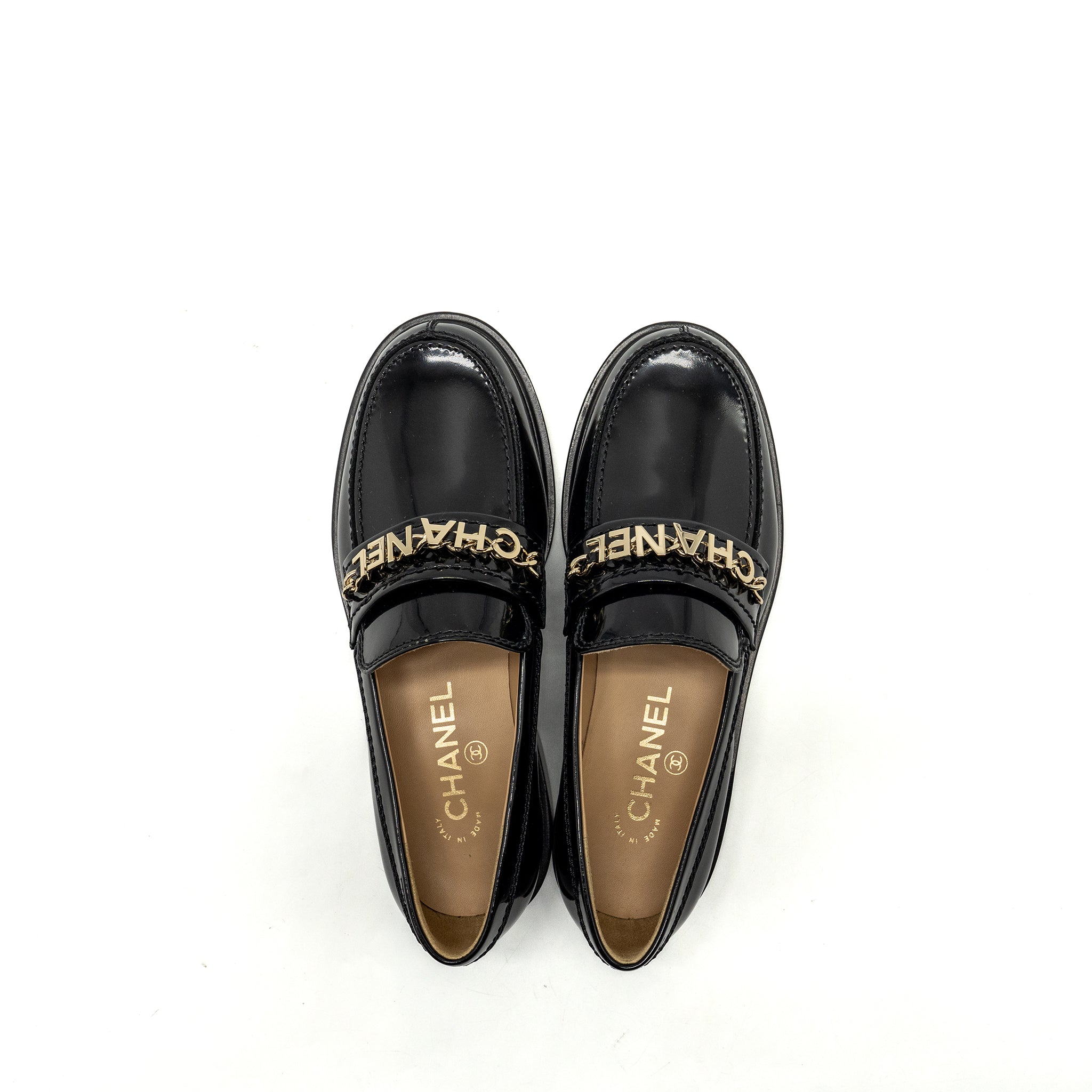 CHANEL LETTER LOAFERS LEATHER BLACK LGHW