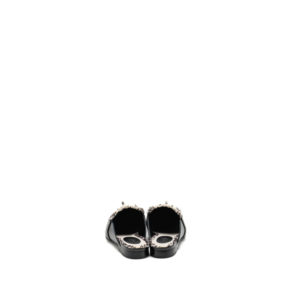 HERMES OZ MULE FRINGED CANVAS / CALFSKIN BLACK / BEIGE SHW